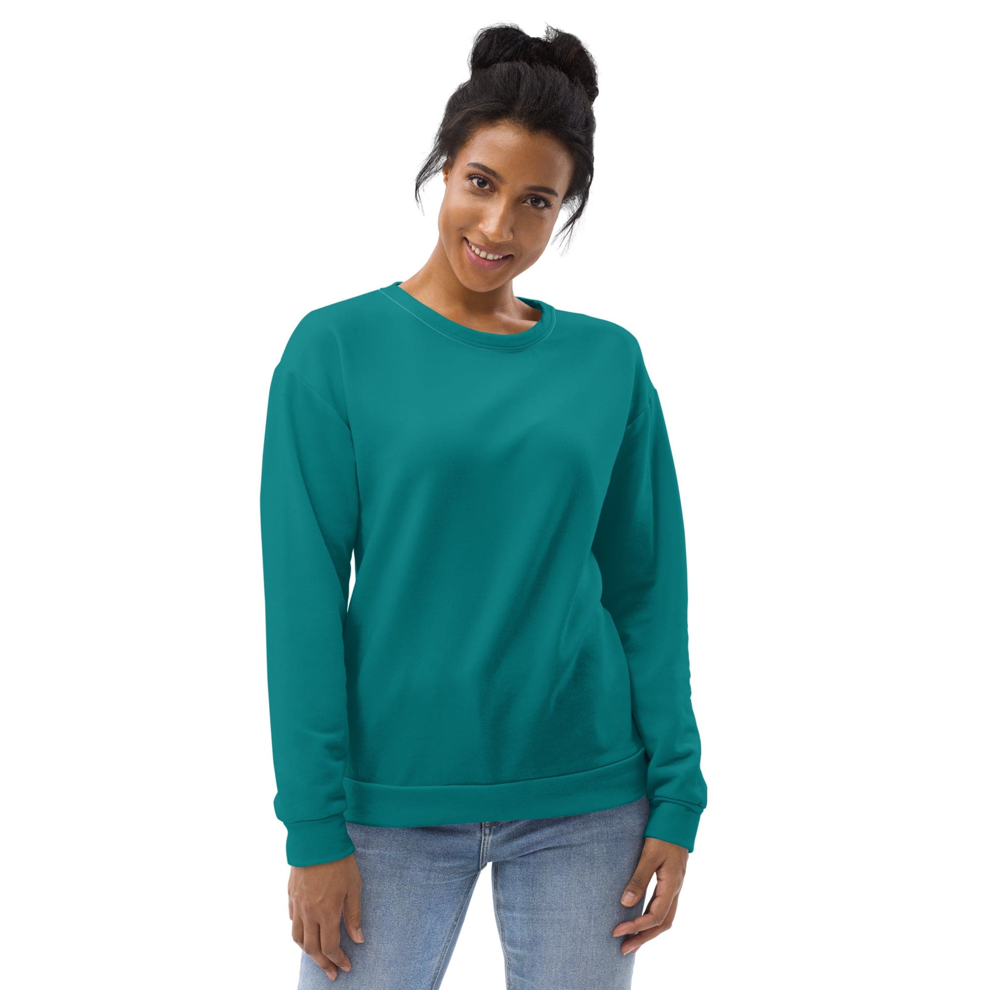 Dark teal green graphic sweatshirt for women featuring a crew neck, front pouch pocket, and vibrant all-over print.