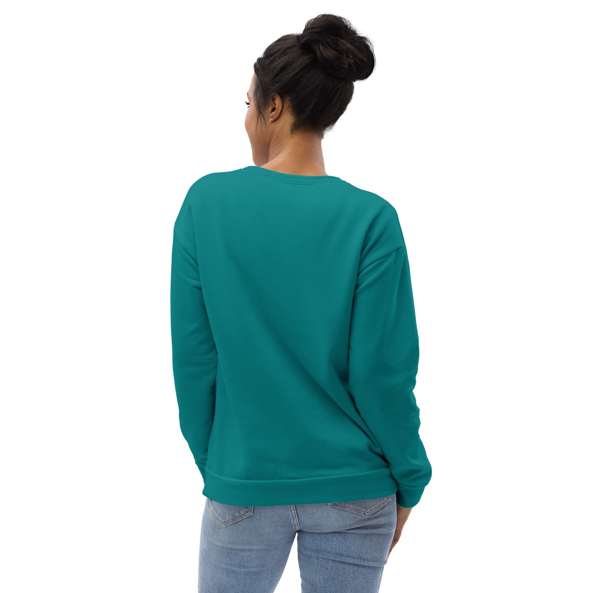 Dark teal green graphic sweatshirt for women featuring a crew neck, front pouch pocket, and vibrant all-over print.