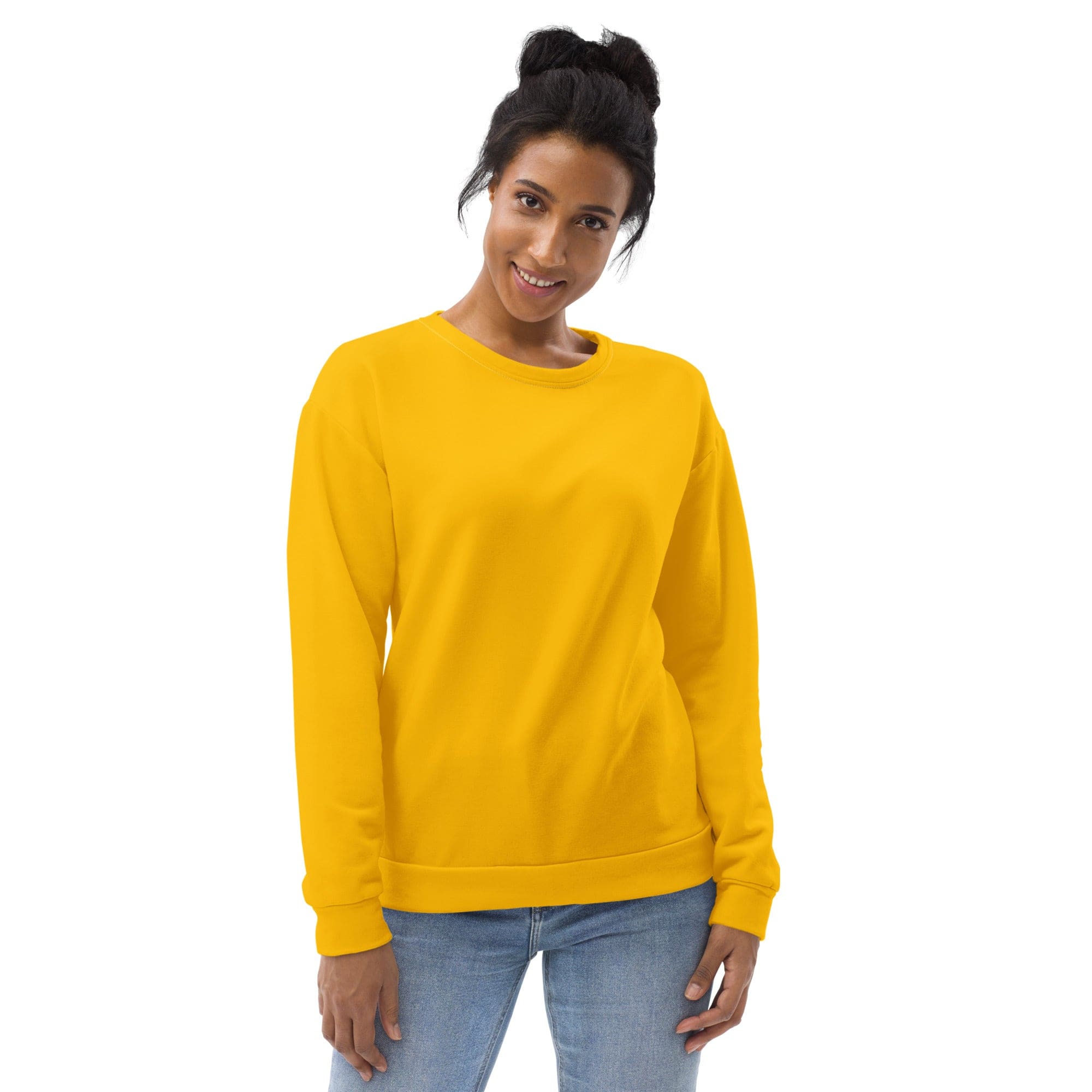 Golden yellow graphic sweatshirt for women featuring a crew neck, front pouch pocket, and ribbed cuffs, showcasing a vibrant all-over print.