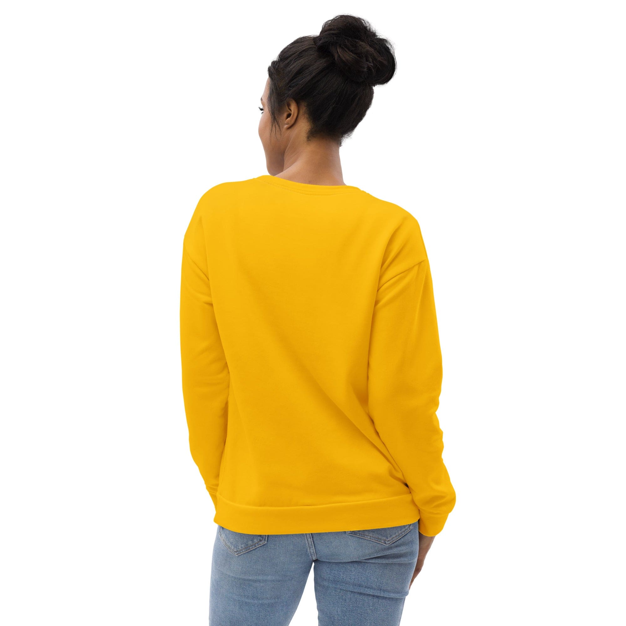 Golden yellow graphic sweatshirt for women featuring a crew neck, front pouch pocket, and ribbed cuffs, showcasing a vibrant all-over print.