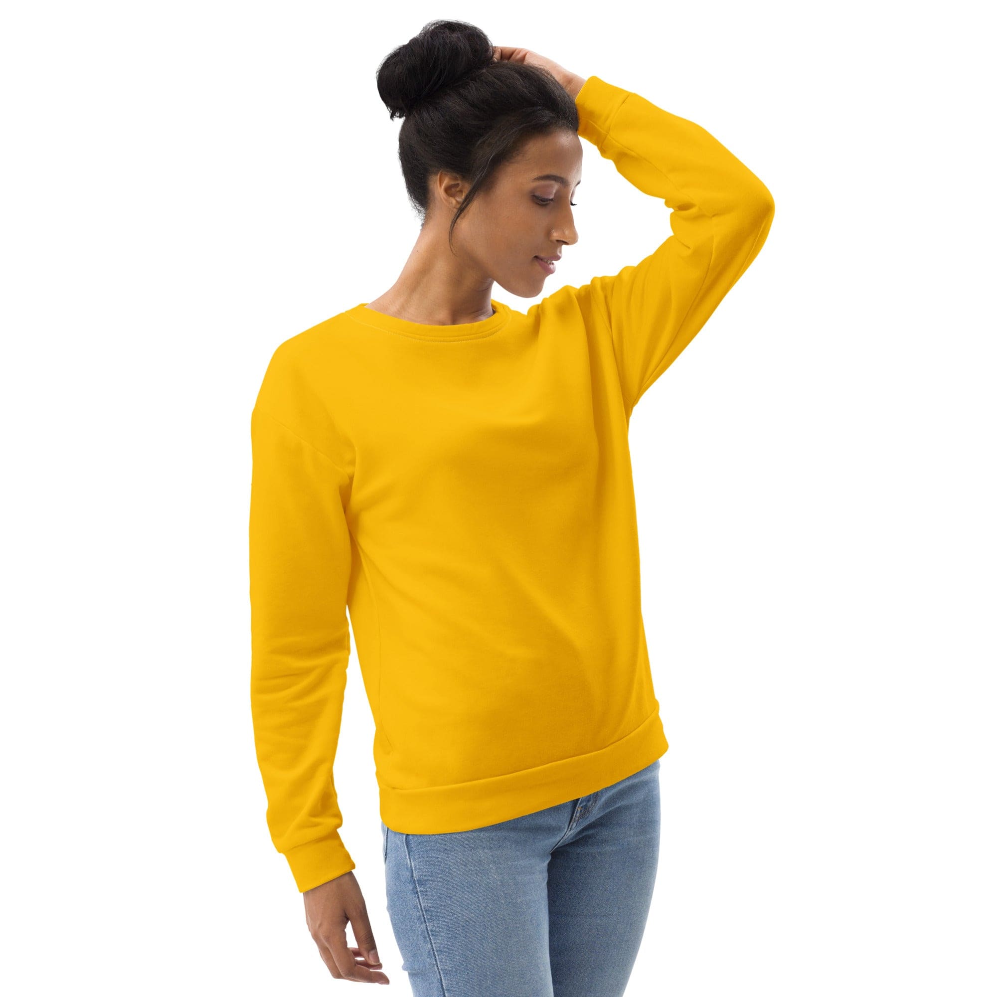 Golden yellow graphic sweatshirt for women featuring a crew neck, front pouch pocket, and ribbed cuffs, showcasing a vibrant all-over print.