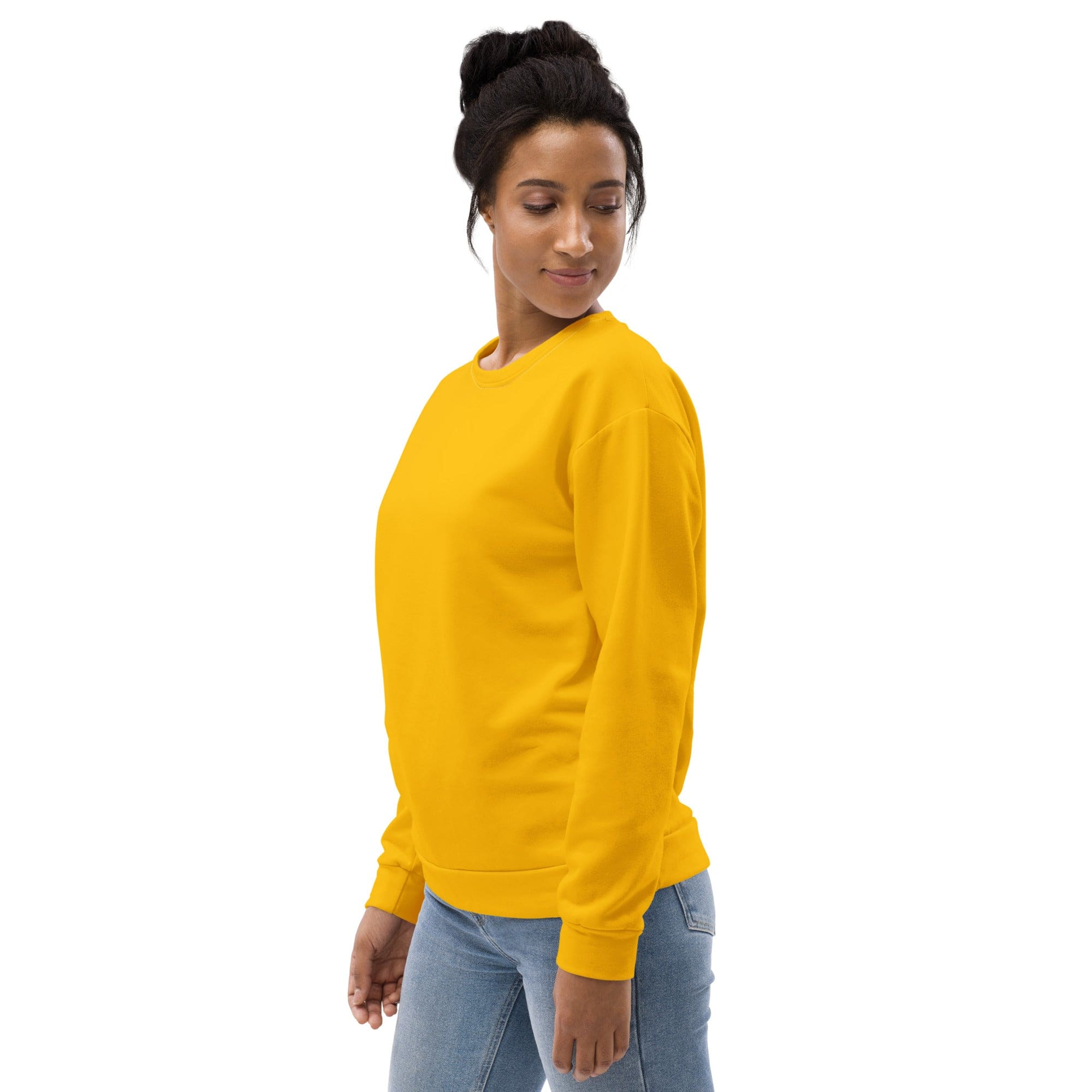 Golden yellow graphic sweatshirt for women featuring a crew neck, front pouch pocket, and ribbed cuffs, showcasing a vibrant all-over print.