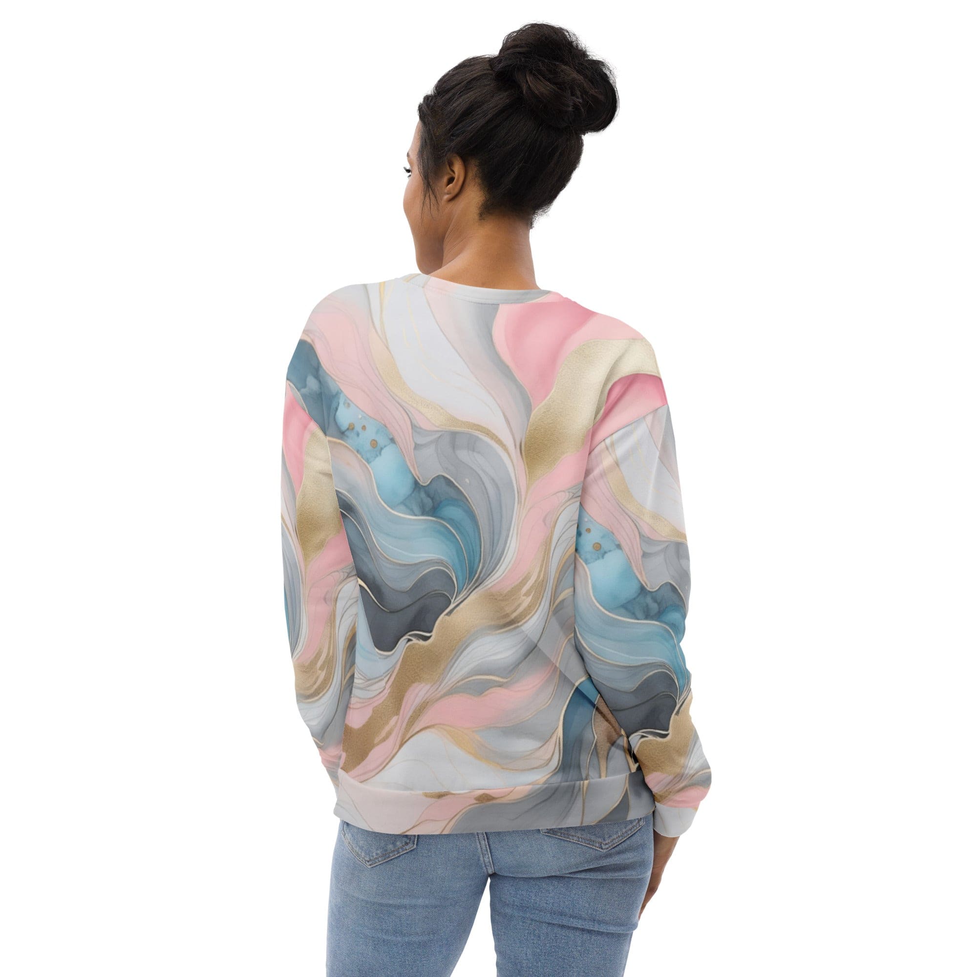 Graphic Sweatshirt for Women featuring a Marble Cloud design in Grey, Pink, and Blue, showcasing a stylish and comfortable long sleeve fit.