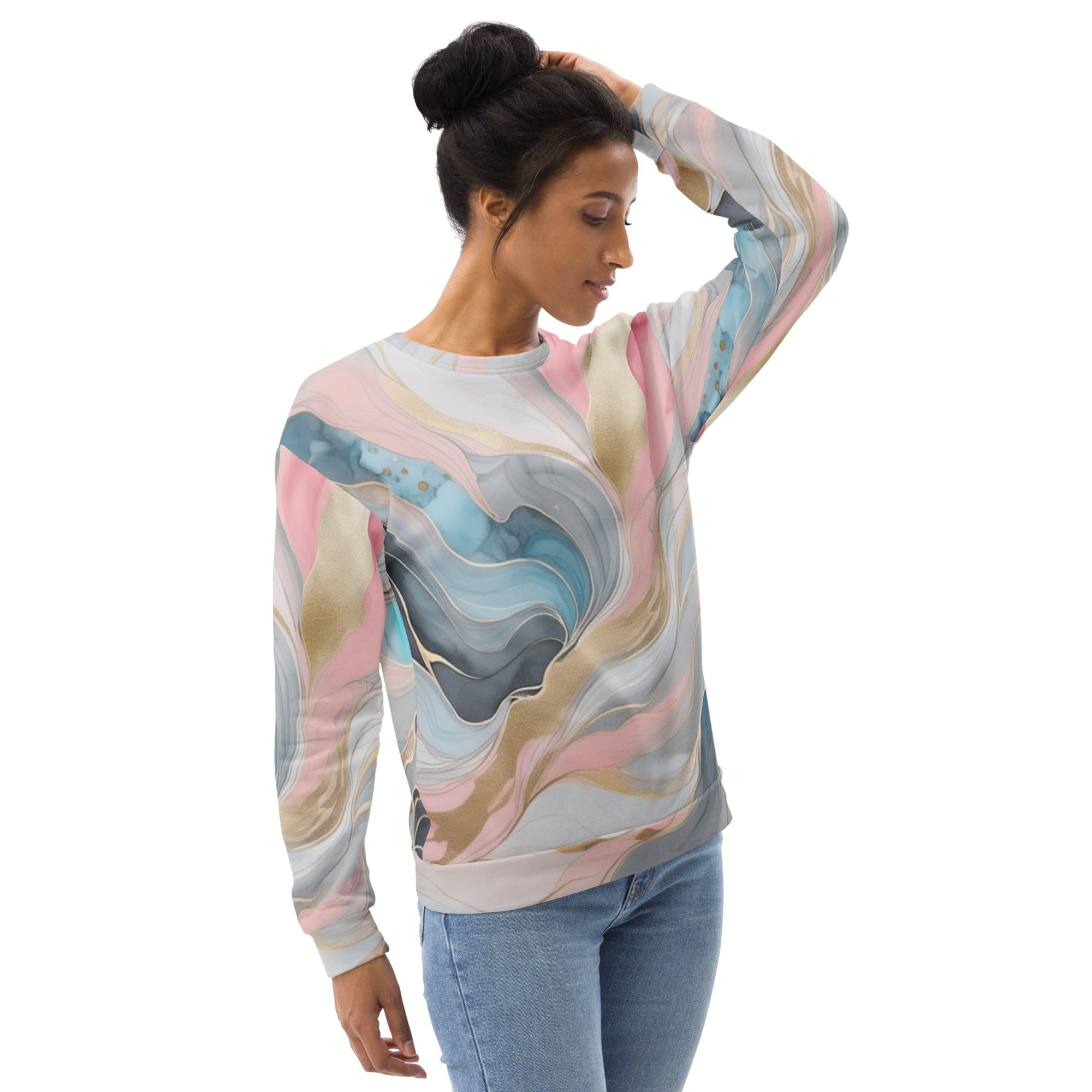 Graphic Sweatshirt for Women featuring a Marble Cloud design in Grey, Pink, and Blue, showcasing a stylish and comfortable long sleeve fit.