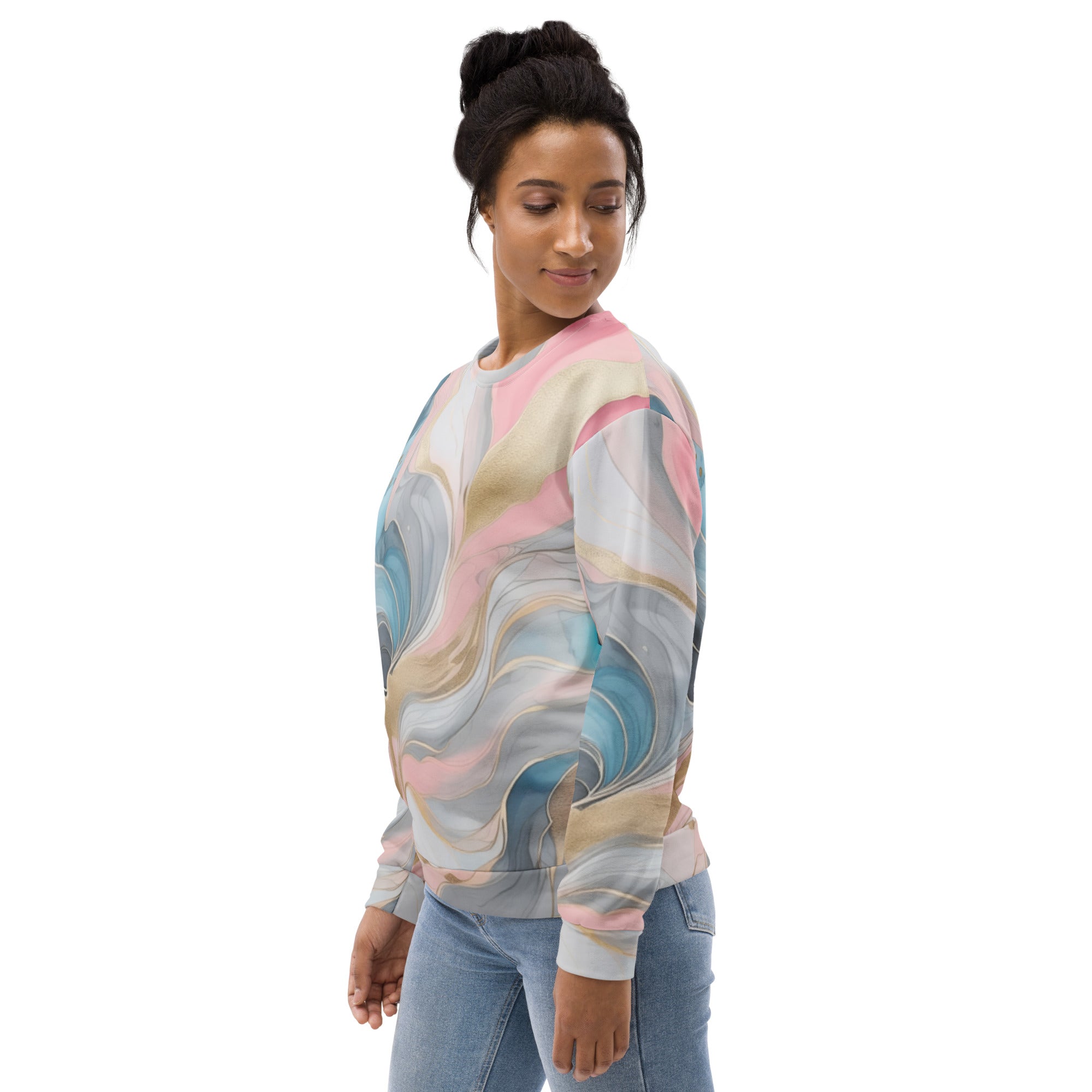 Graphic Sweatshirt for Women featuring a Marble Cloud design in Grey, Pink, and Blue, showcasing a stylish and comfortable long sleeve fit.