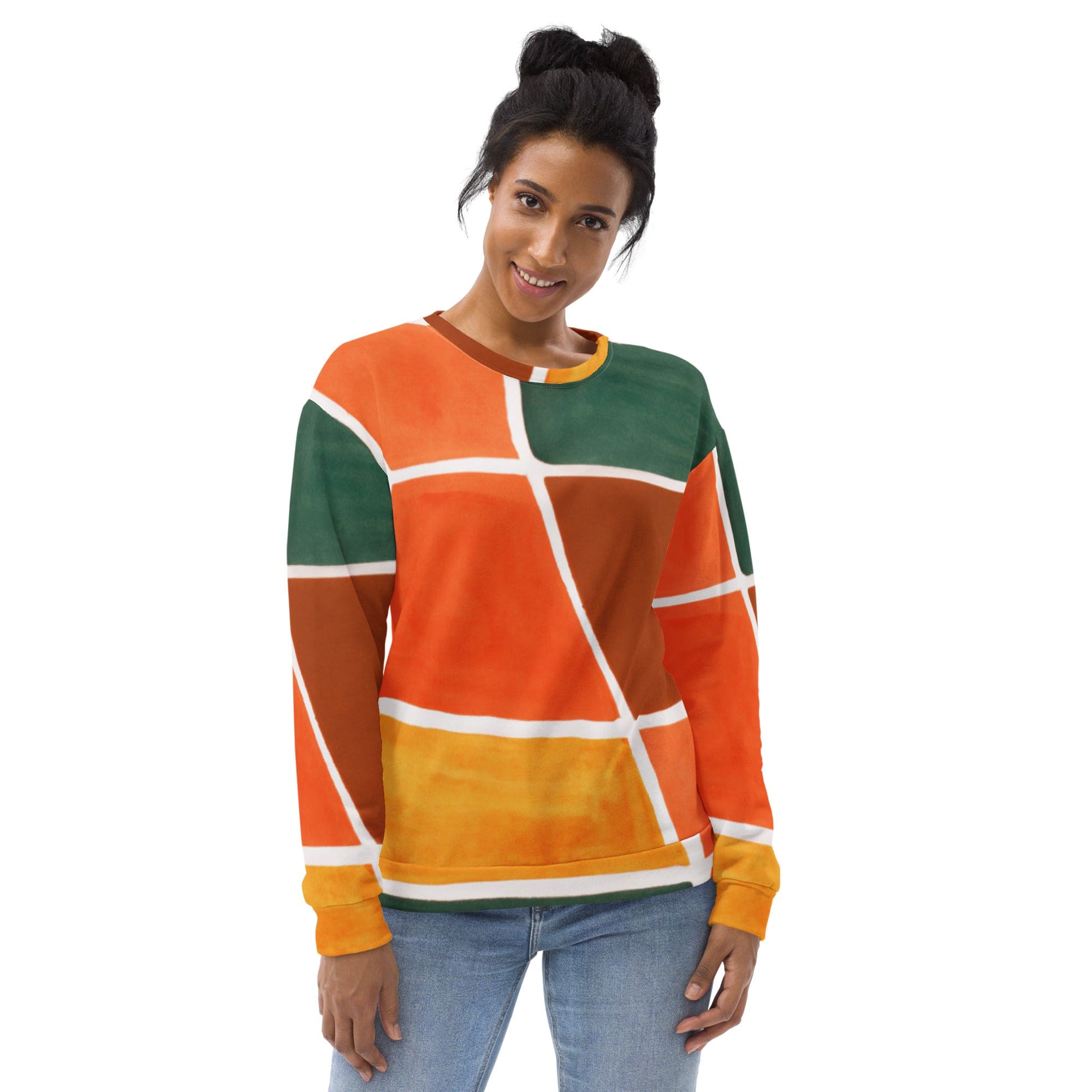 Graphic sweatshirt for women featuring an orange and green boho pattern, showcasing a stylish design with a crew neck and long sleeves.