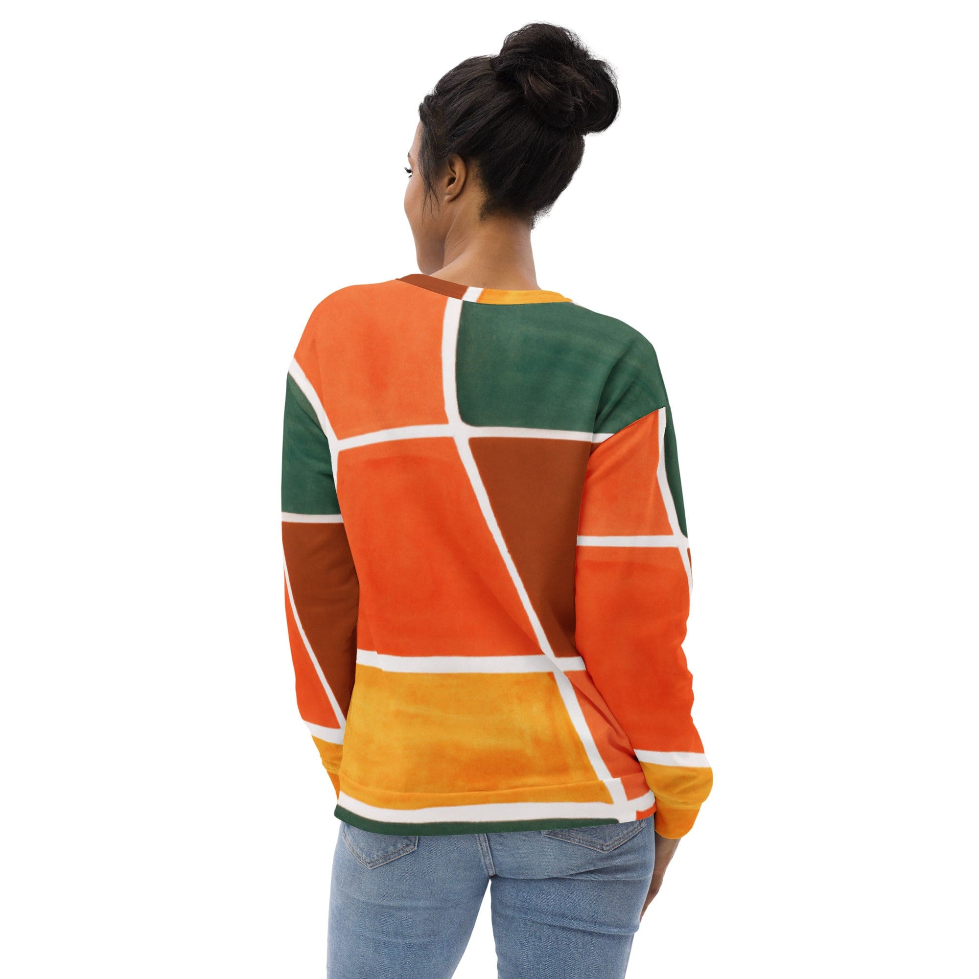 Graphic sweatshirt for women featuring an orange and green boho pattern, showcasing a stylish design with a crew neck and long sleeves.