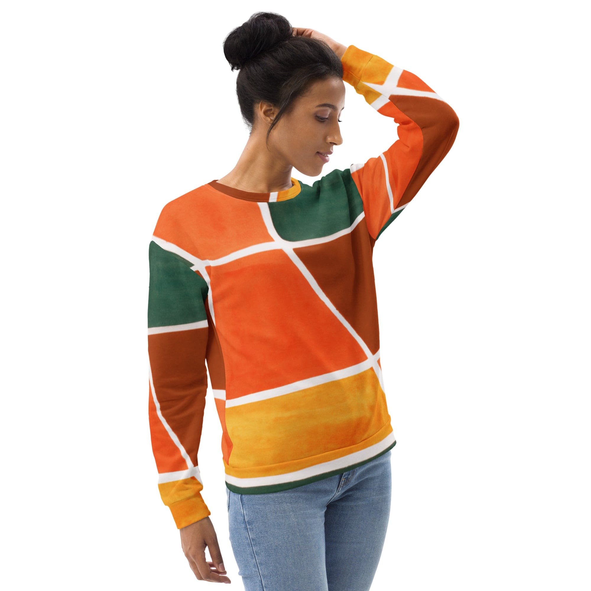 Graphic sweatshirt for women featuring an orange and green boho pattern, showcasing a stylish design with a crew neck and long sleeves.