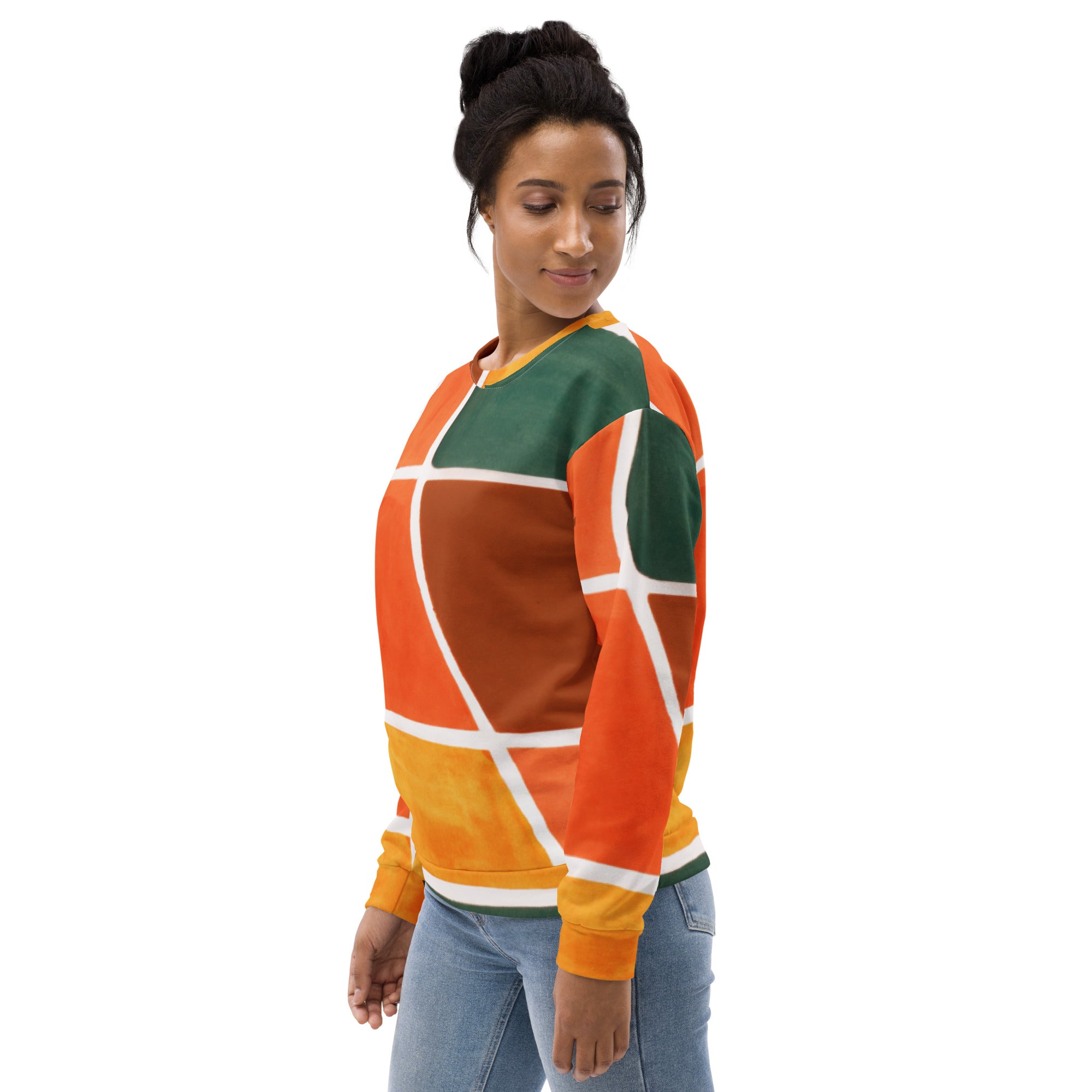Graphic sweatshirt for women featuring an orange and green boho pattern, showcasing a stylish design with a crew neck and long sleeves.