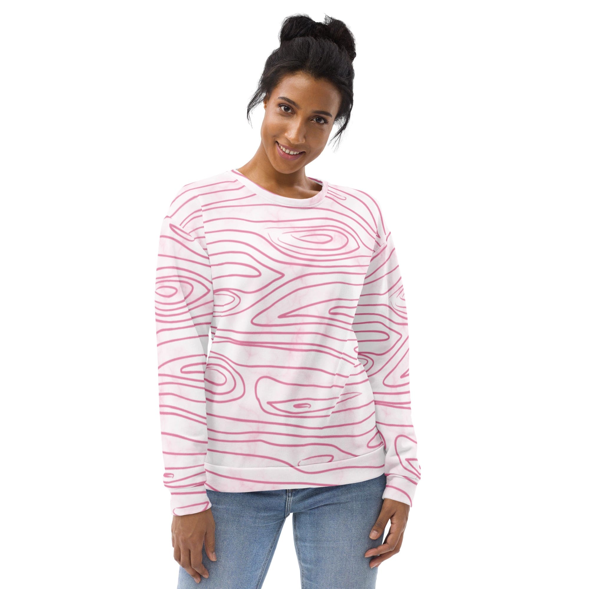 A stylish pink graphic sweatshirt for women featuring a unique line art sketch print, designed for comfort and fashion.