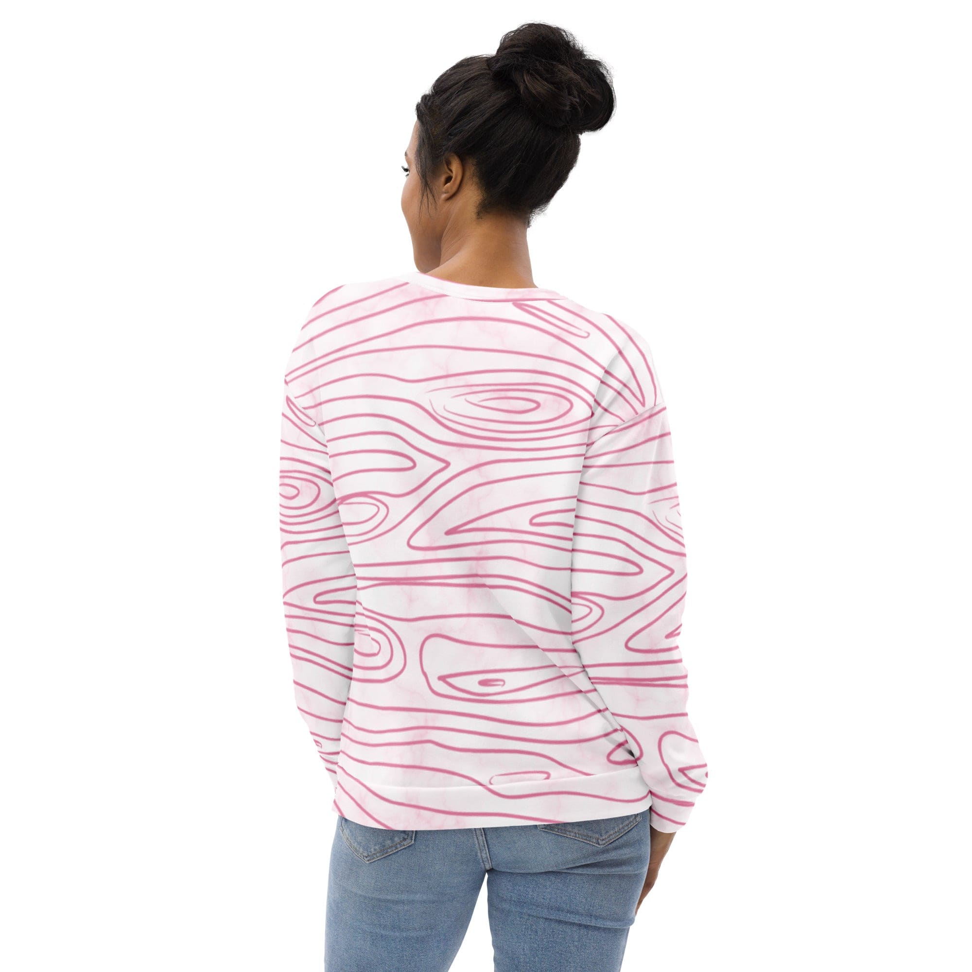 A stylish pink graphic sweatshirt for women featuring a unique line art sketch print, designed for comfort and fashion.