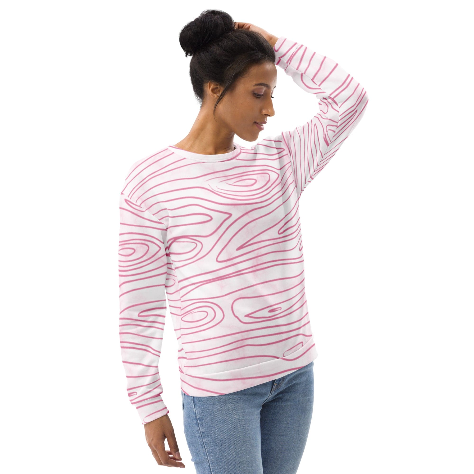 A stylish pink graphic sweatshirt for women featuring a unique line art sketch print, designed for comfort and fashion.