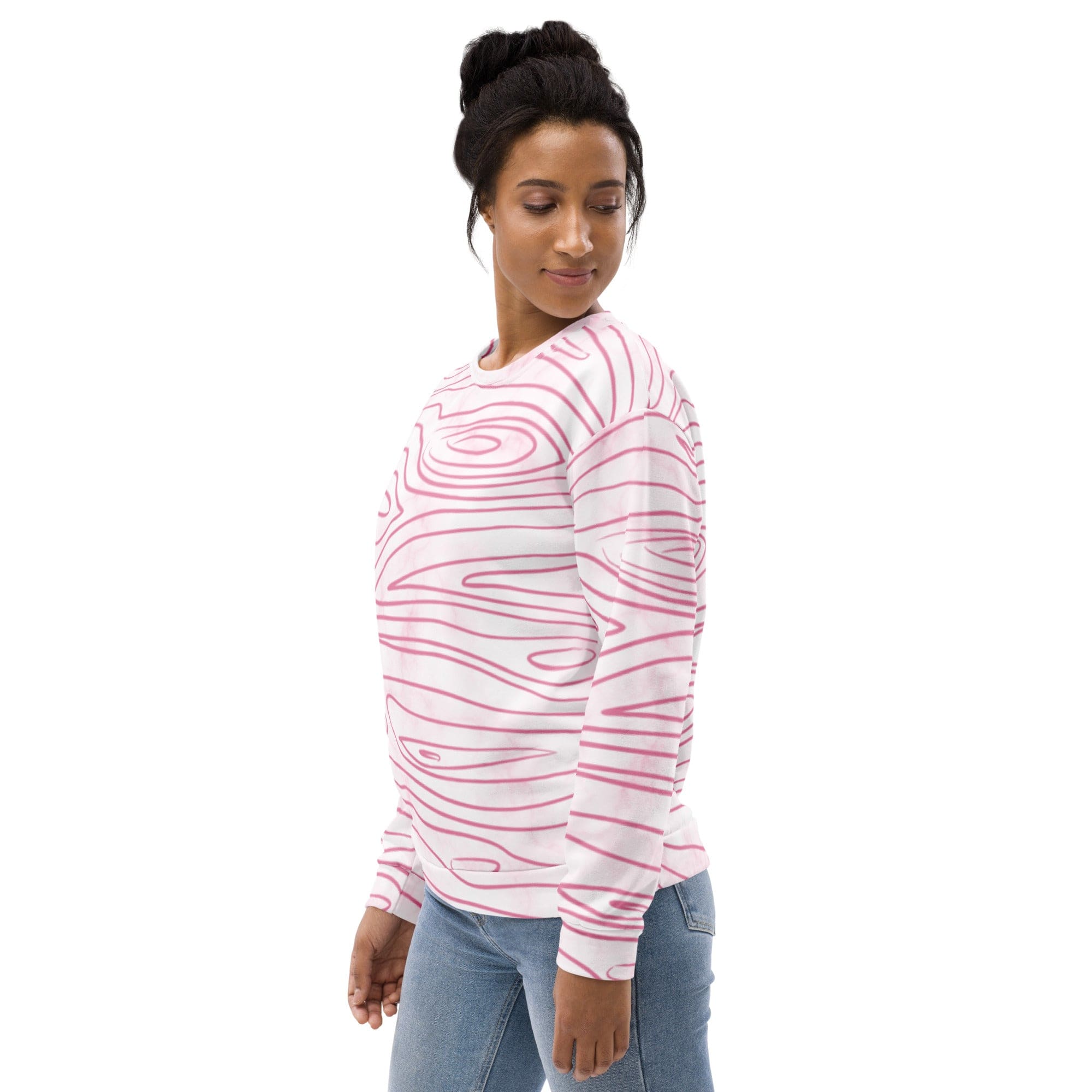 A stylish pink graphic sweatshirt for women featuring a unique line art sketch print, designed for comfort and fashion.