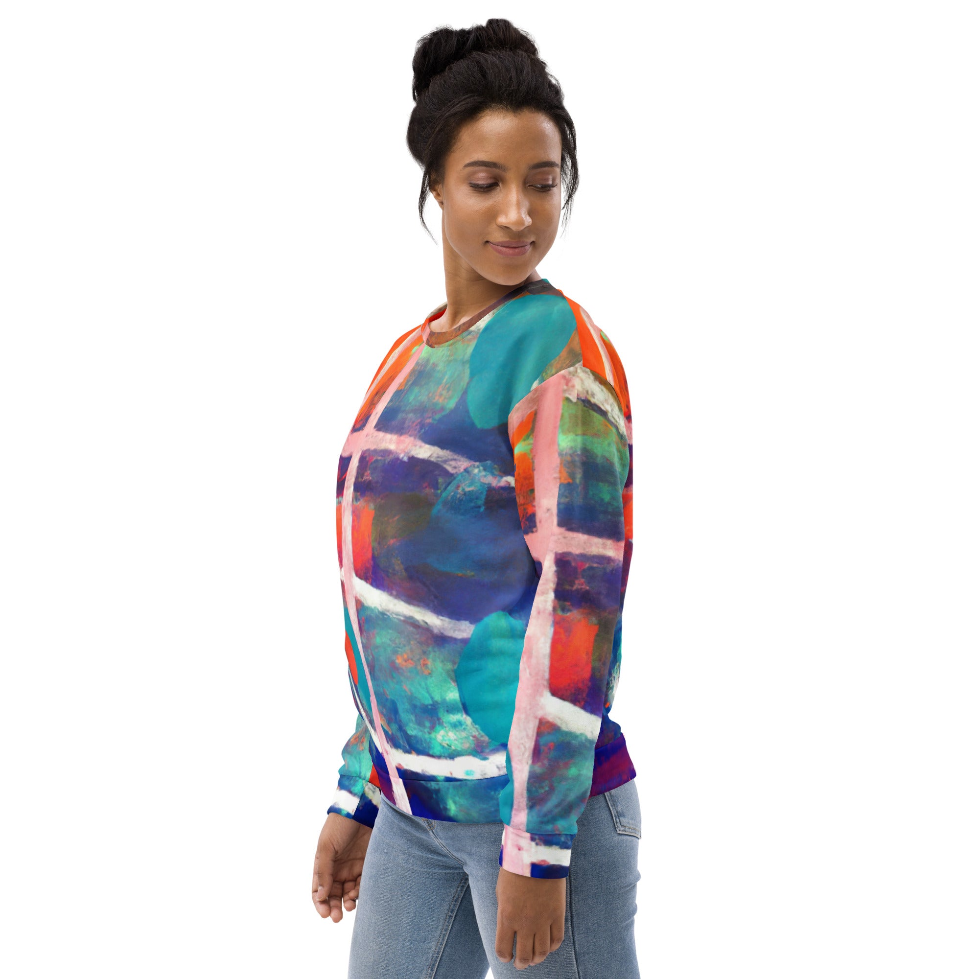 A vibrant graphic sweatshirt for women featuring a red, blue, and multicolor abstract print, showcasing a stylish crew neck and front pouch pocket.