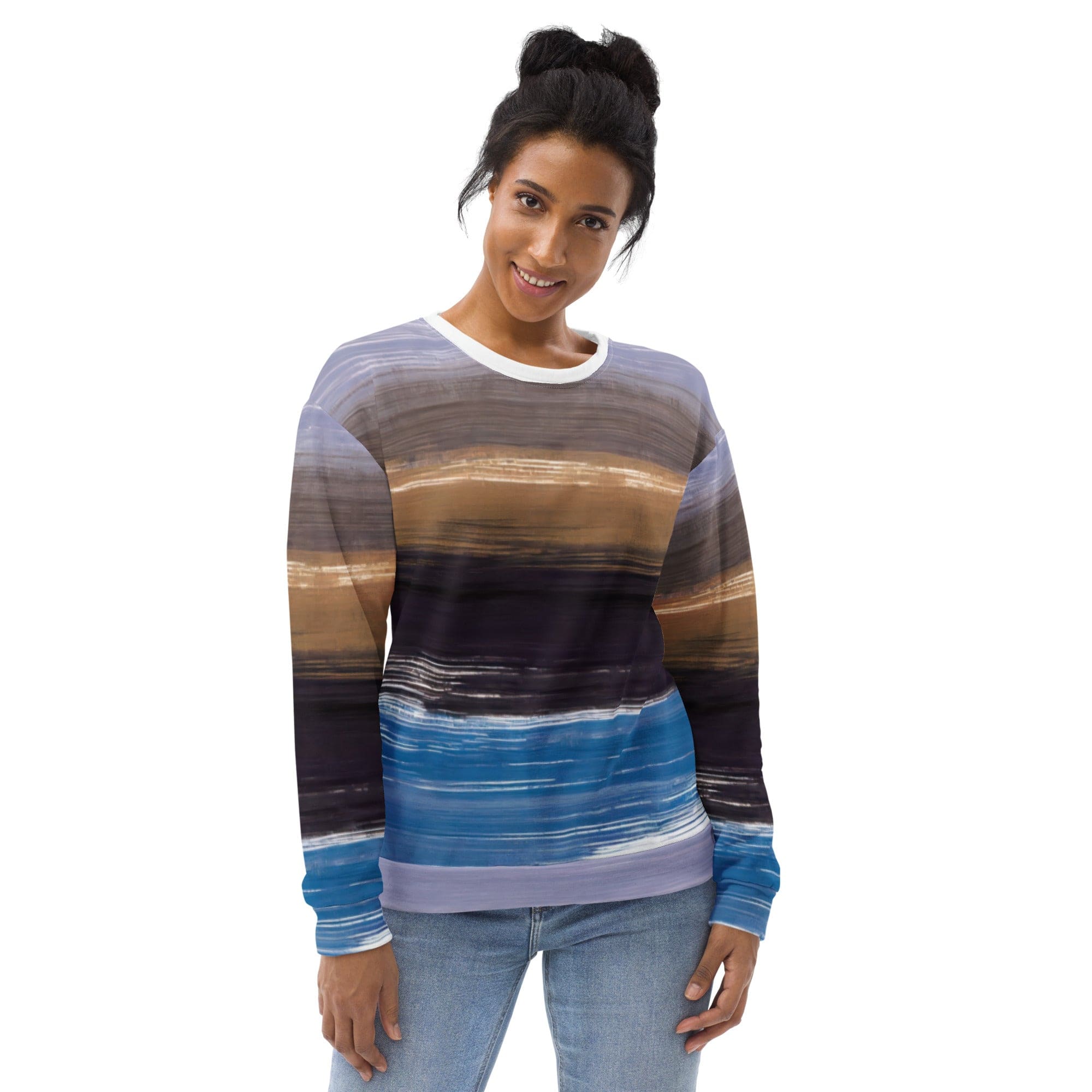Graphic sweatshirt for women featuring a rustic purple and brown design, showcasing a stylish crew neck and front pouch pocket.