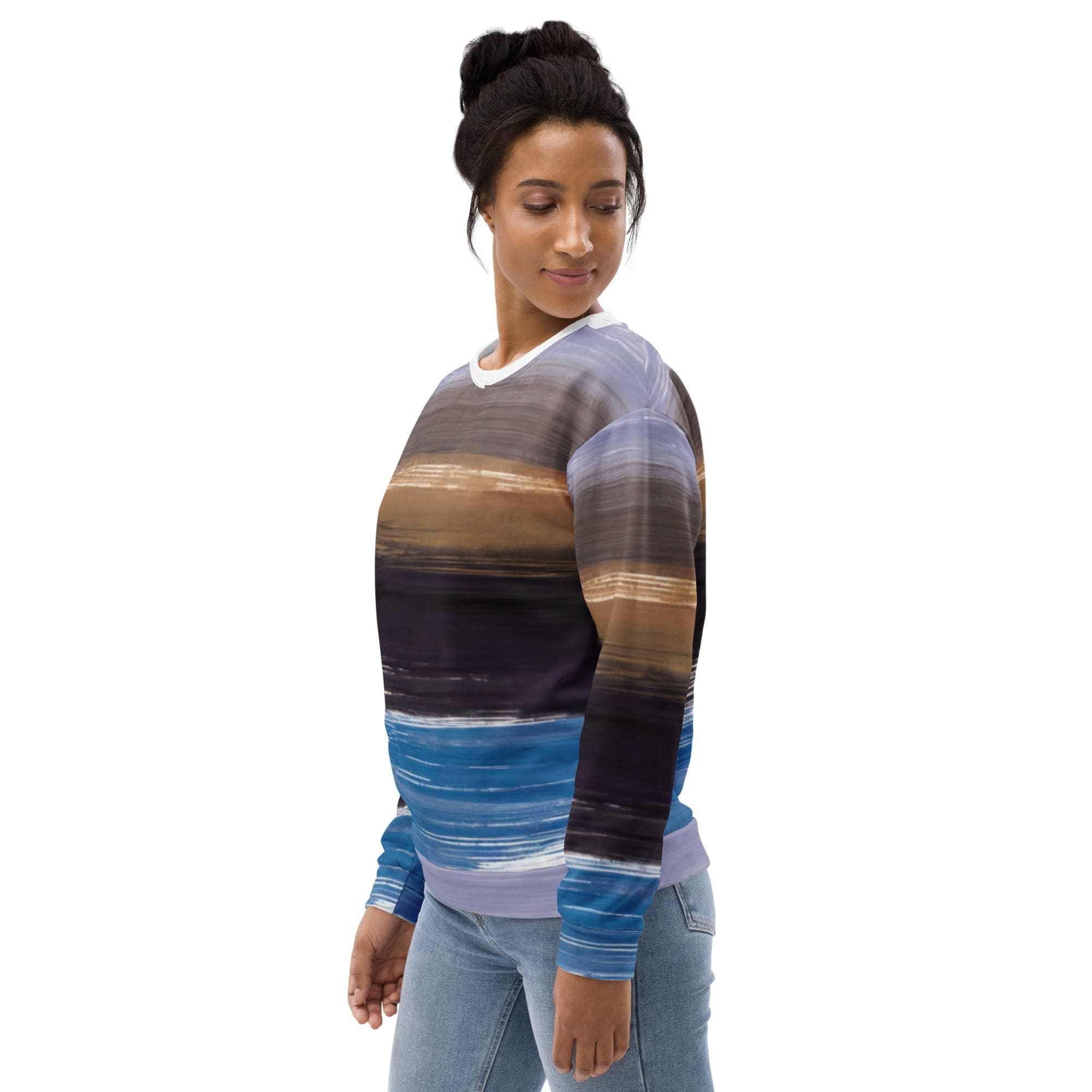 Graphic sweatshirt for women featuring a rustic purple and brown design, showcasing a stylish crew neck and front pouch pocket.