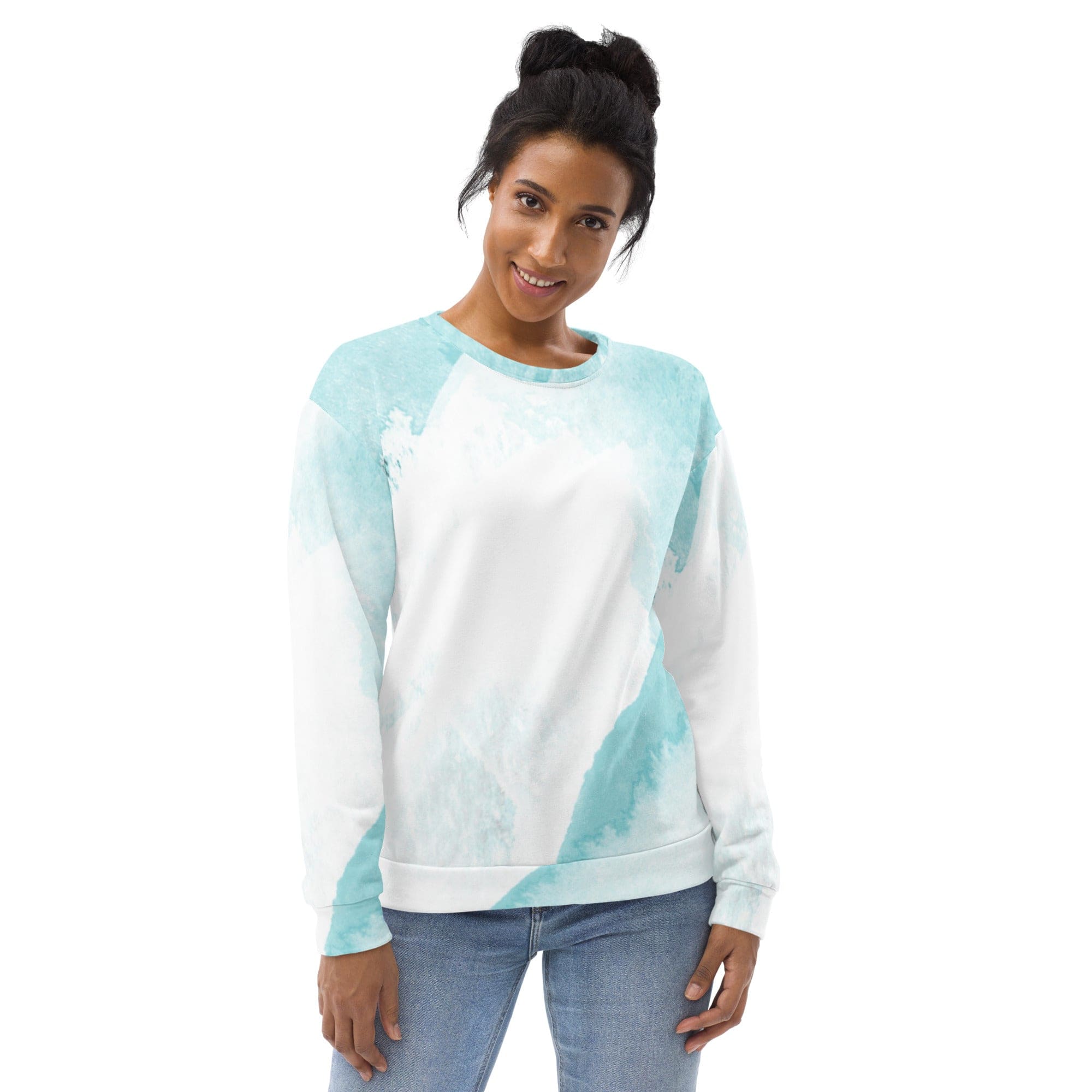 Graphic sweatshirt for women featuring a subtle abstract ocean blue and white print, showcasing a stylish crew neck and front pouch pocket.