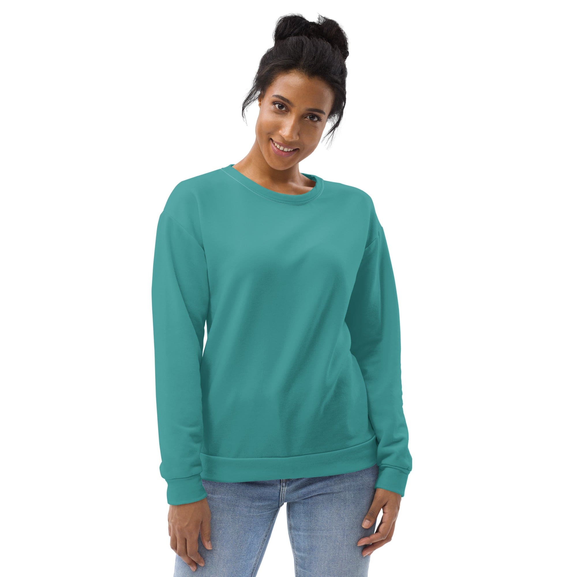 Teal green graphic sweatshirt for women featuring bold prints and a classic crew neck design, perfect for casual wear.