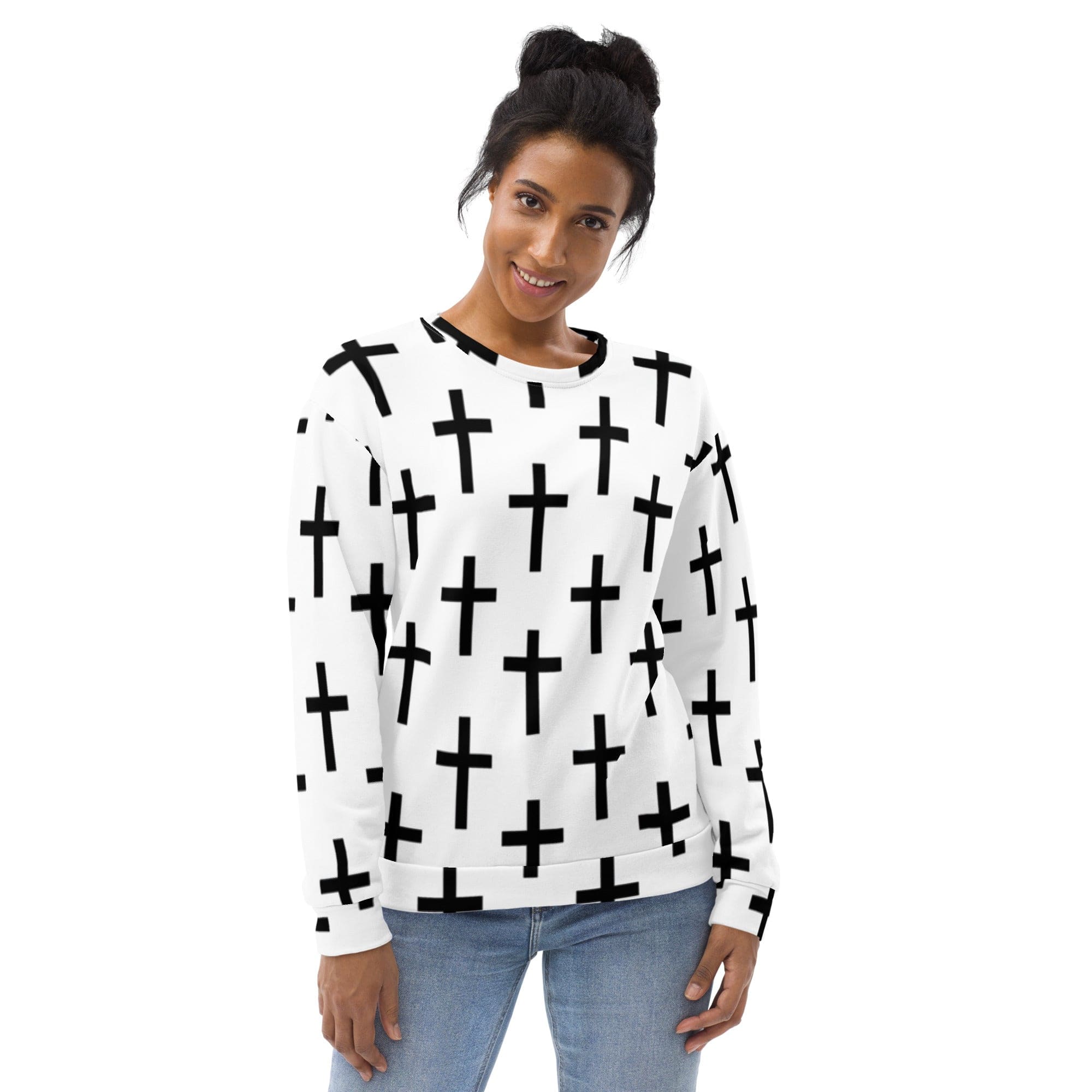 Graphic sweatshirt for women featuring a stylish white and black cross print, designed for comfort and urban style.