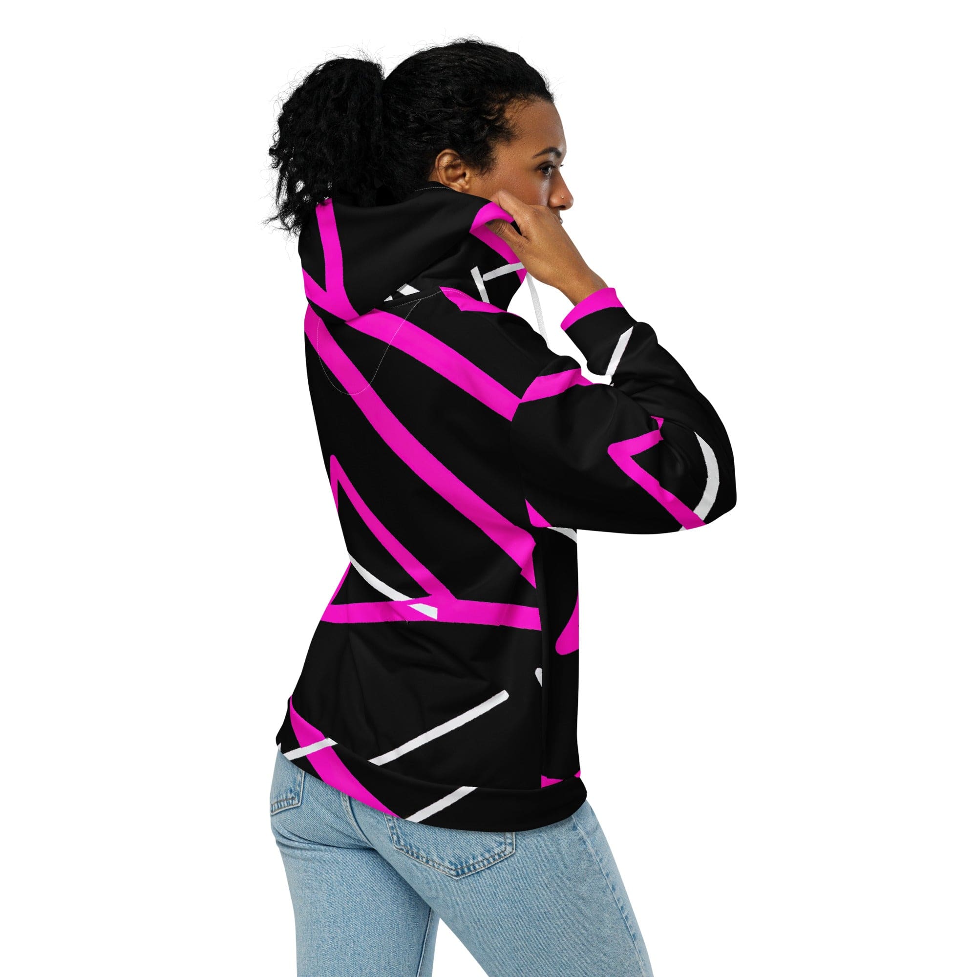Graphic zip hoodie featuring a black and pink pattern, showcasing a relaxed fit with drop shoulders and a double-lined hood.