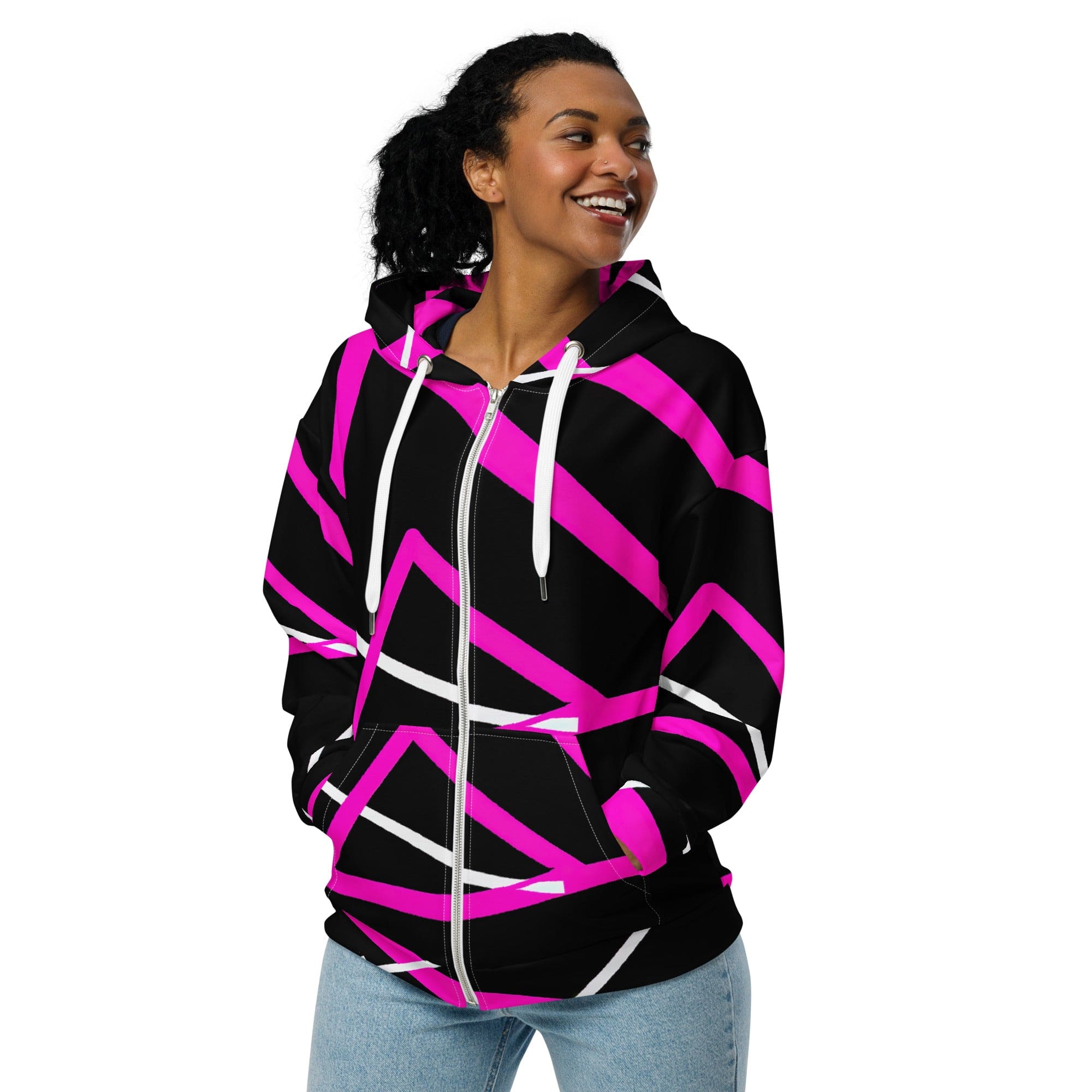 Graphic zip hoodie featuring a black and pink pattern, showcasing a relaxed fit with drop shoulders and a double-lined hood.