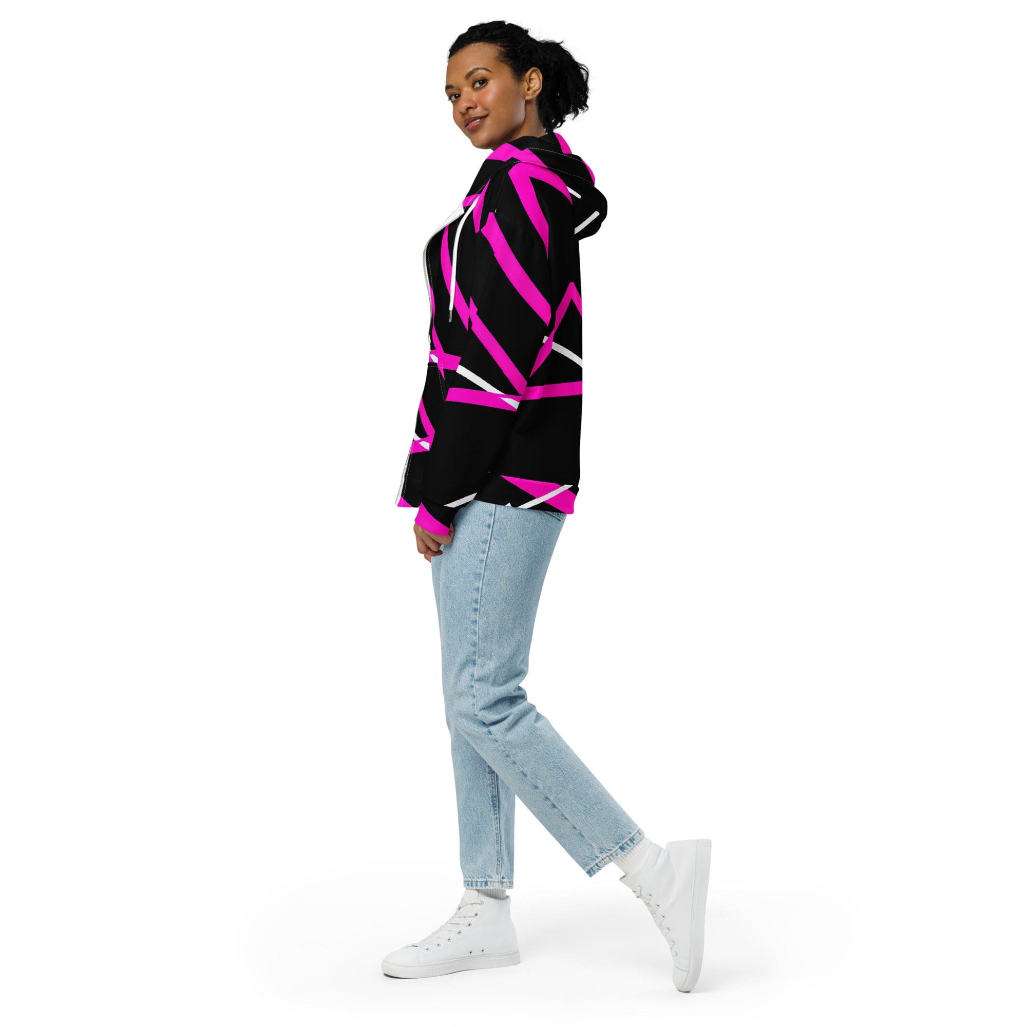 Graphic zip hoodie featuring a black and pink pattern, showcasing a relaxed fit with drop shoulders and a double-lined hood.