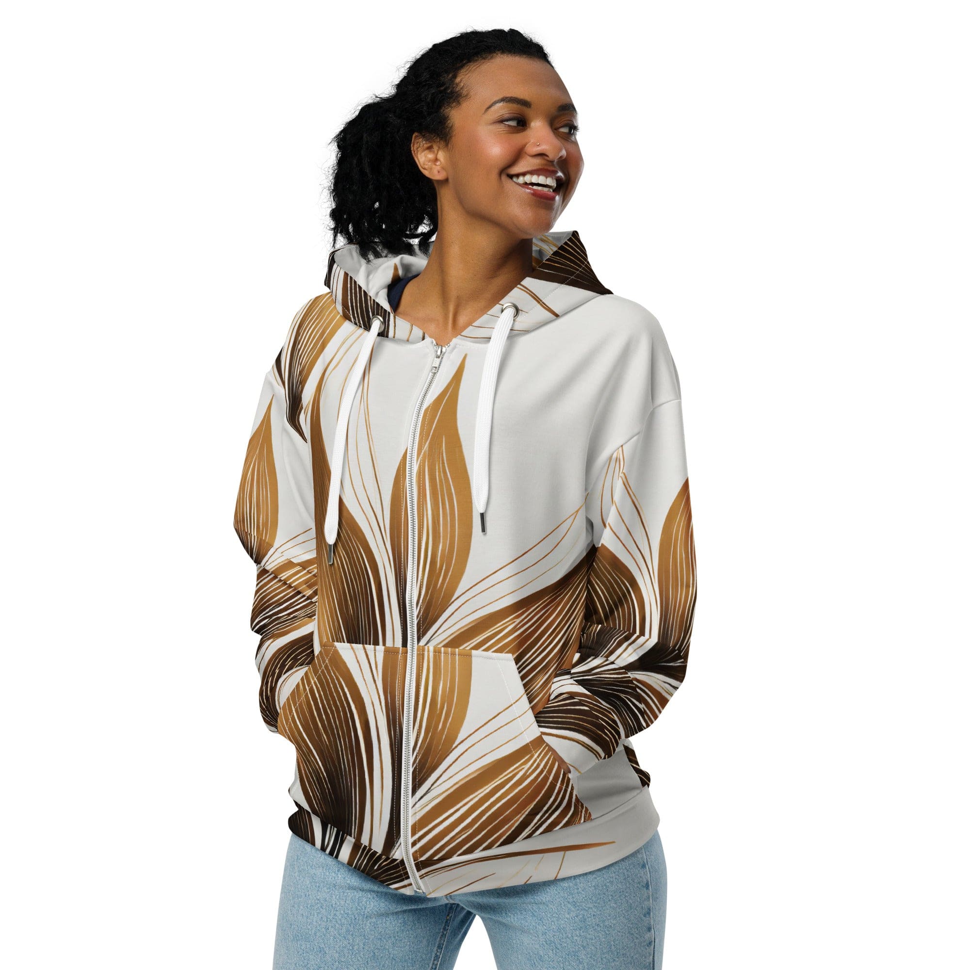 Graphic Zip Hoodie featuring Floral Brown Line Art Print, showcasing a stylish design with a double-lined hood and premium details.