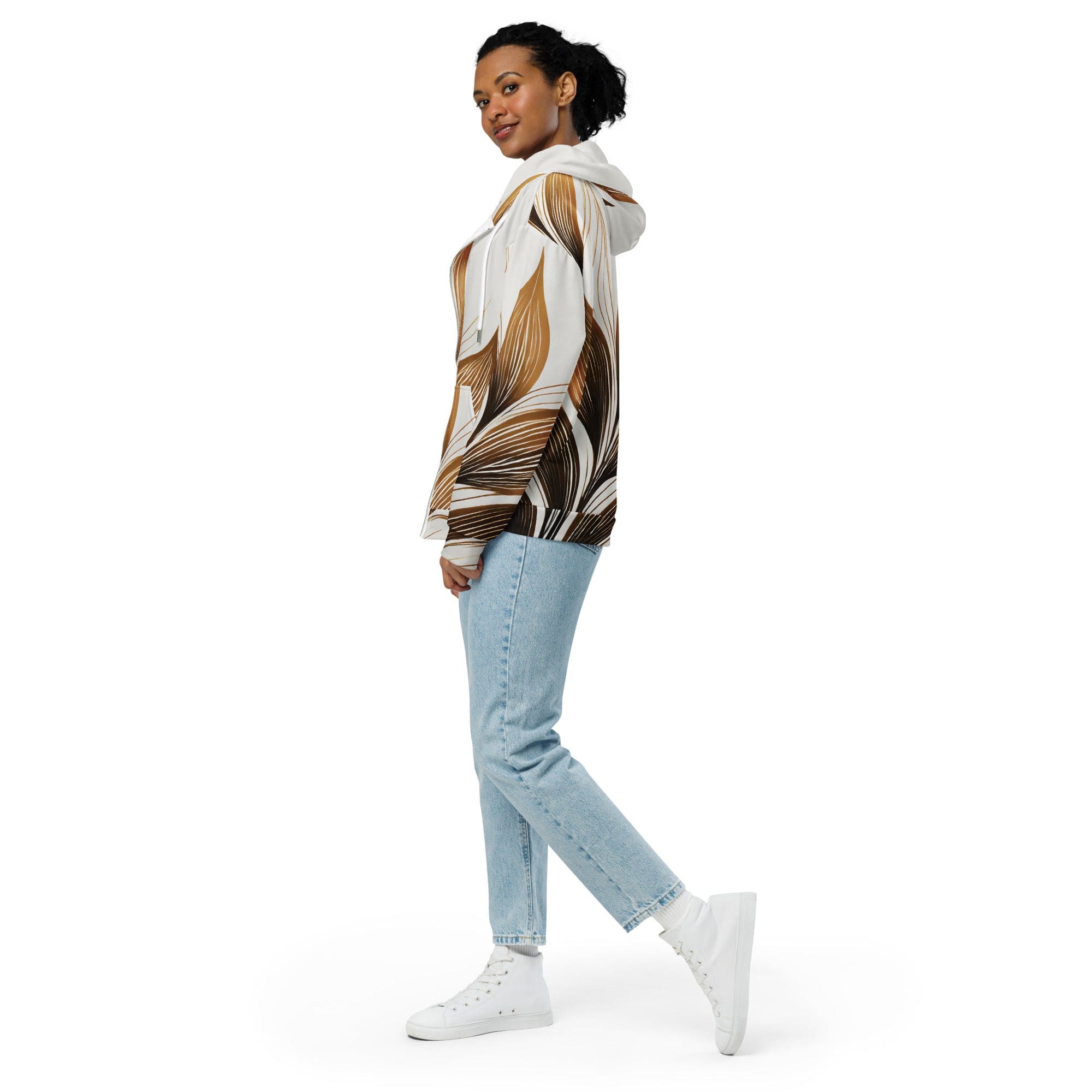 Graphic Zip Hoodie featuring Floral Brown Line Art Print, showcasing a stylish design with a double-lined hood and premium details.