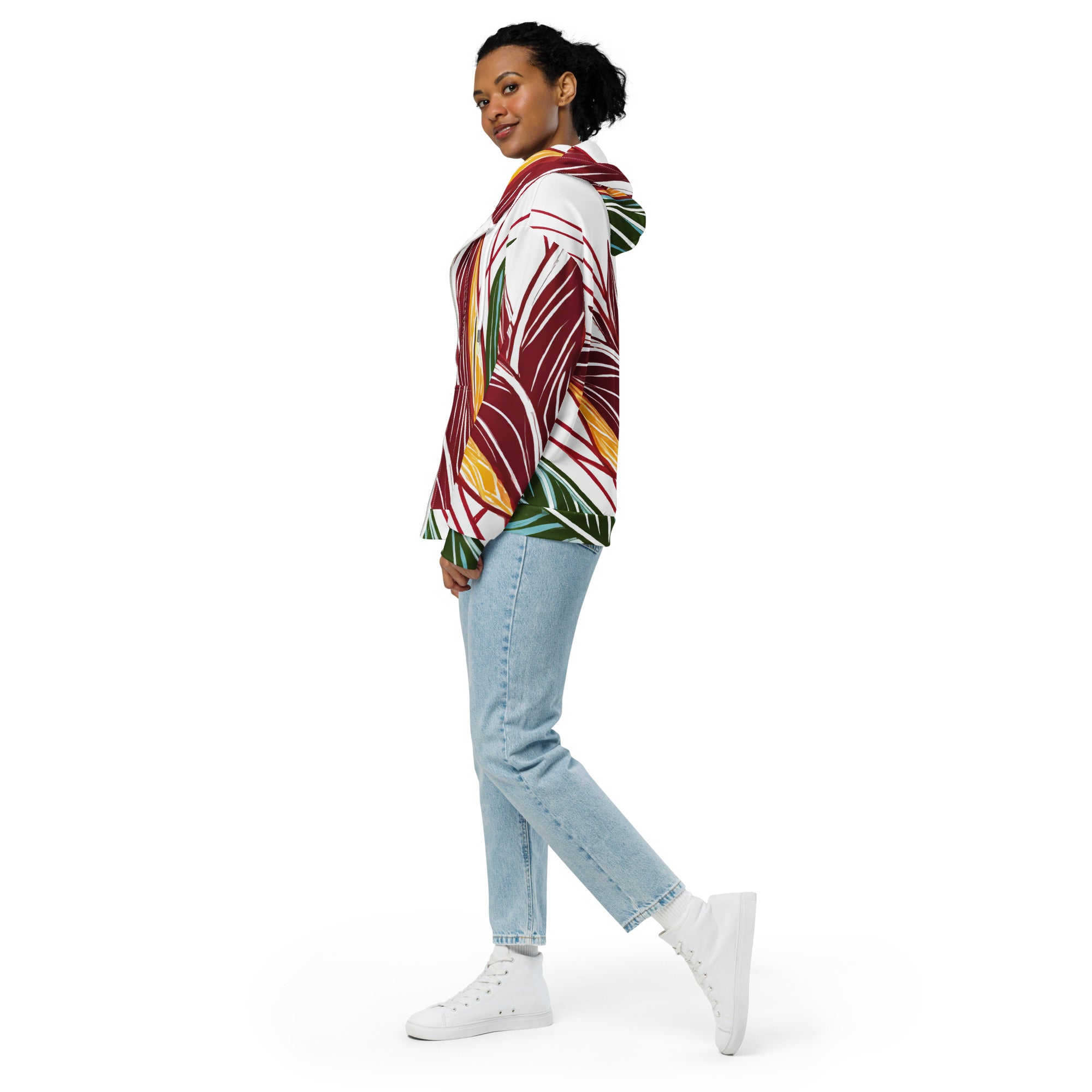 Graphic Zip Hoodie featuring a floral line art print, showcasing a relaxed fit and double-lined hood.