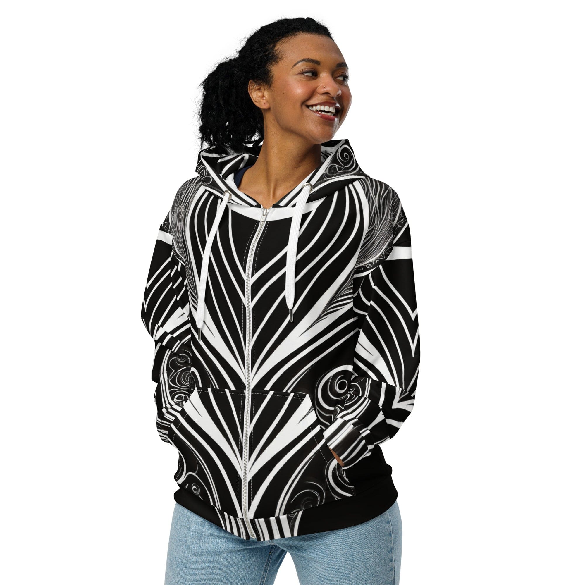 Graphic Zip Hoodie featuring Floral White Line Art Print, showcasing a stylish design with a double-lined hood and relaxed fit.
