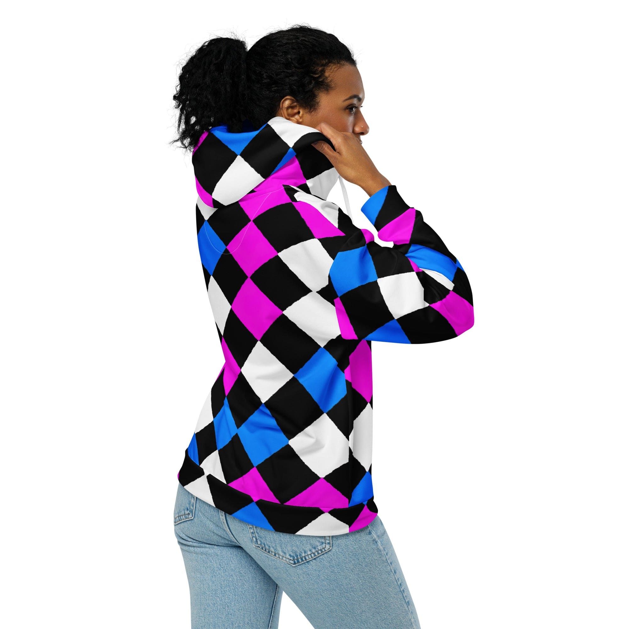 A stylish pink and blue checkered zip hoodie with a relaxed fit, featuring a double-lined hood and premium metal zipper details.