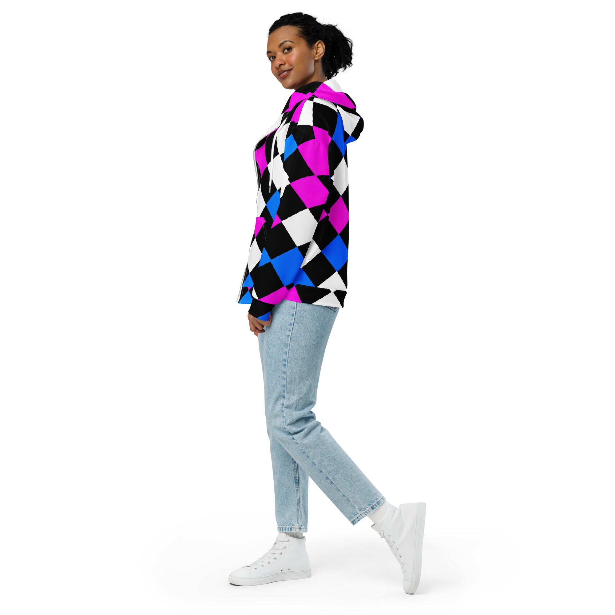 A stylish pink and blue checkered zip hoodie with a relaxed fit, featuring a double-lined hood and premium metal zipper details.