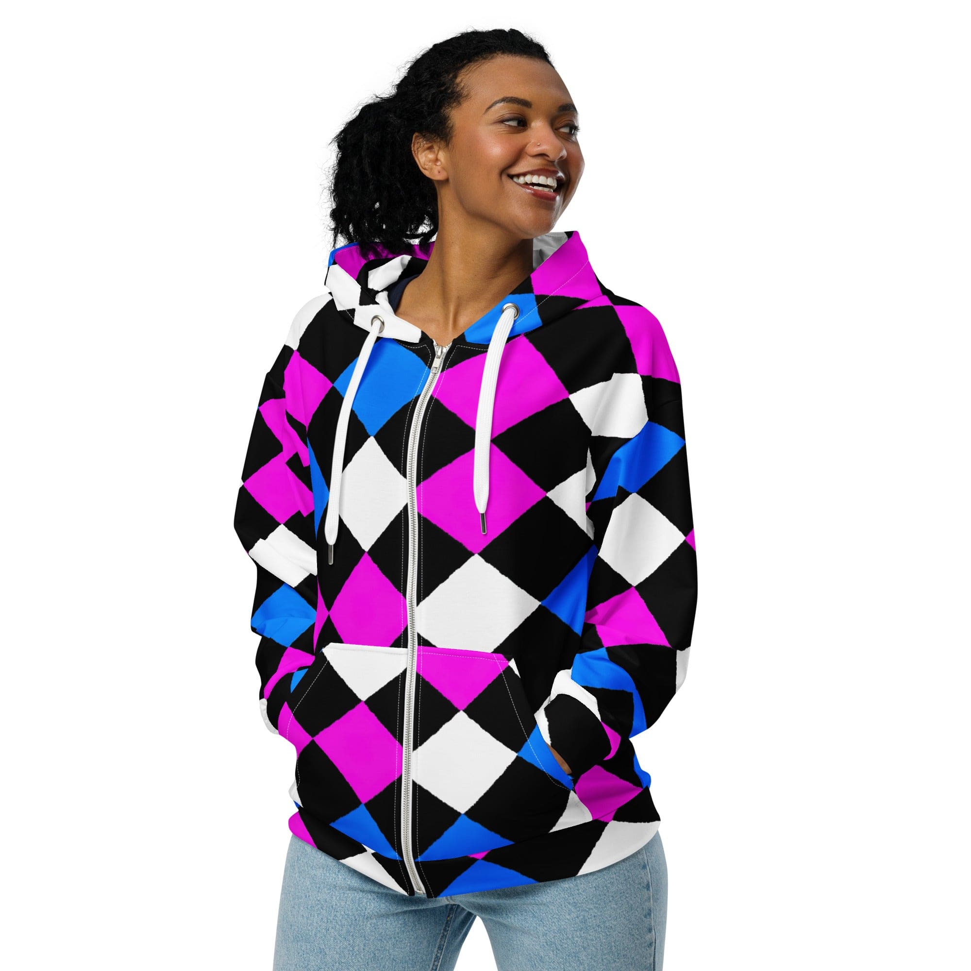 A stylish pink and blue checkered zip hoodie with a relaxed fit, featuring a double-lined hood and premium metal zipper details.