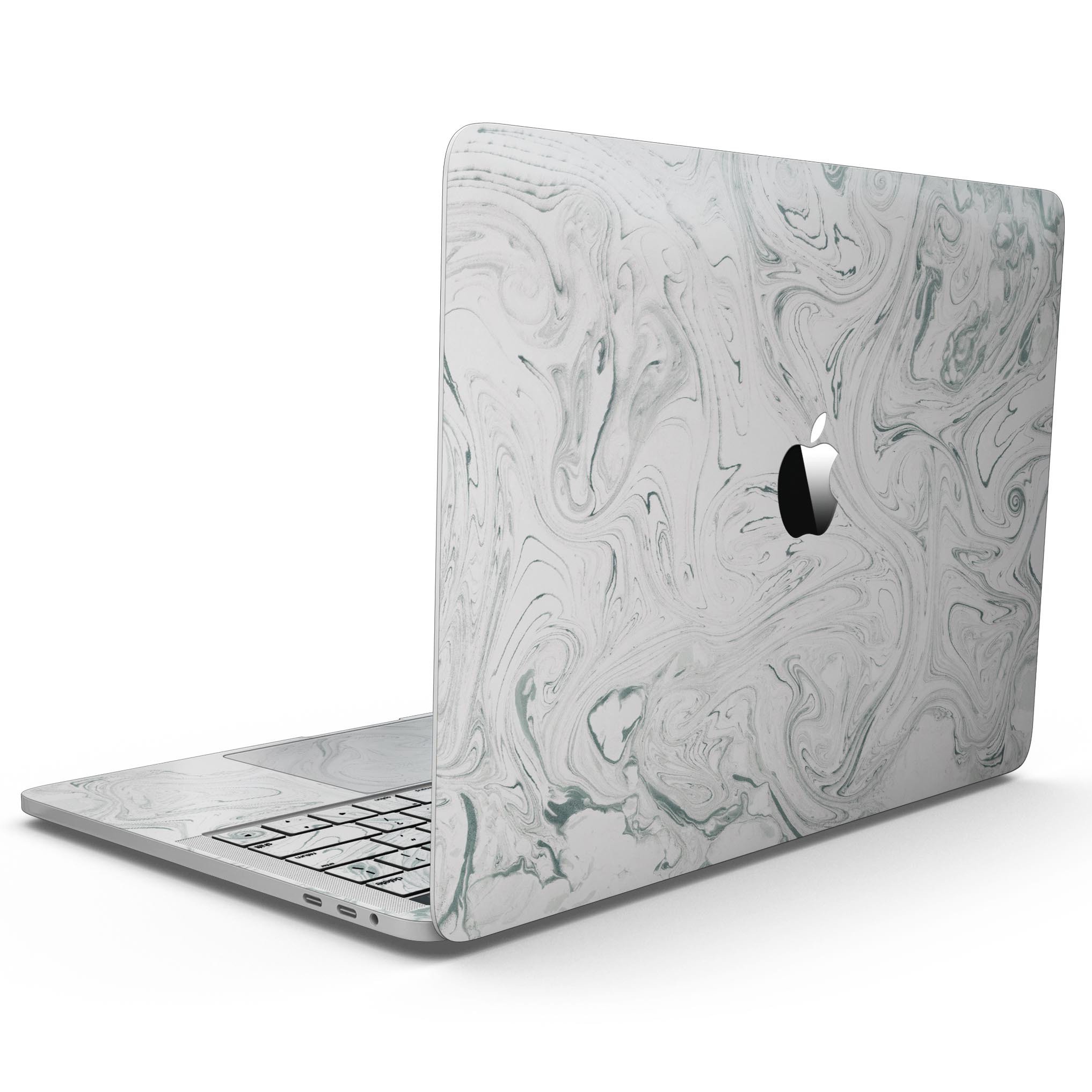 Gray 30 Textured Marble skin applied to a MacBook Pro with Touch Bar, showcasing its sleek design and premium finish.