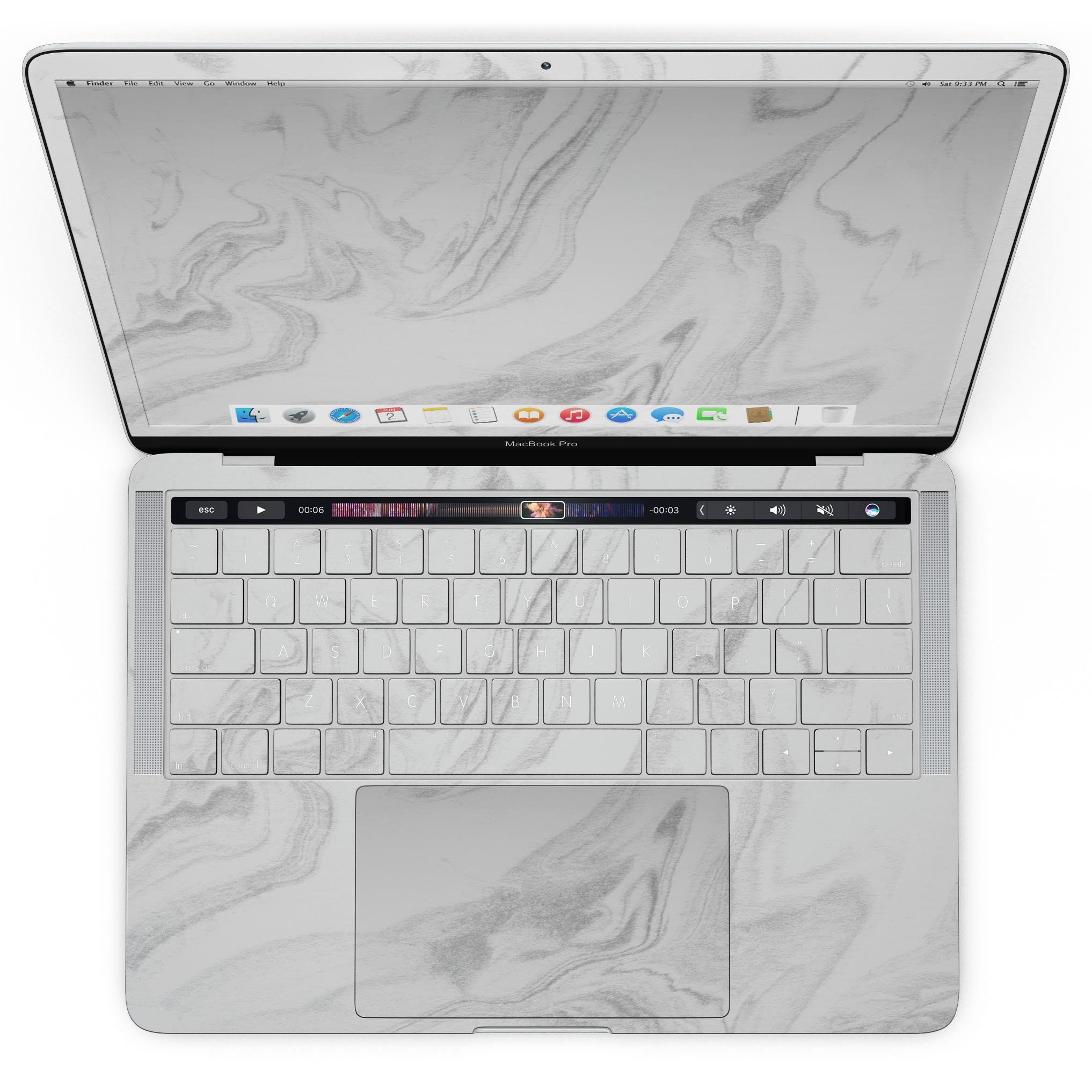 Gray 65 Textured Marble skin kit for MacBook Pro with Touch Bar, showcasing a stylish design and premium vinyl material.