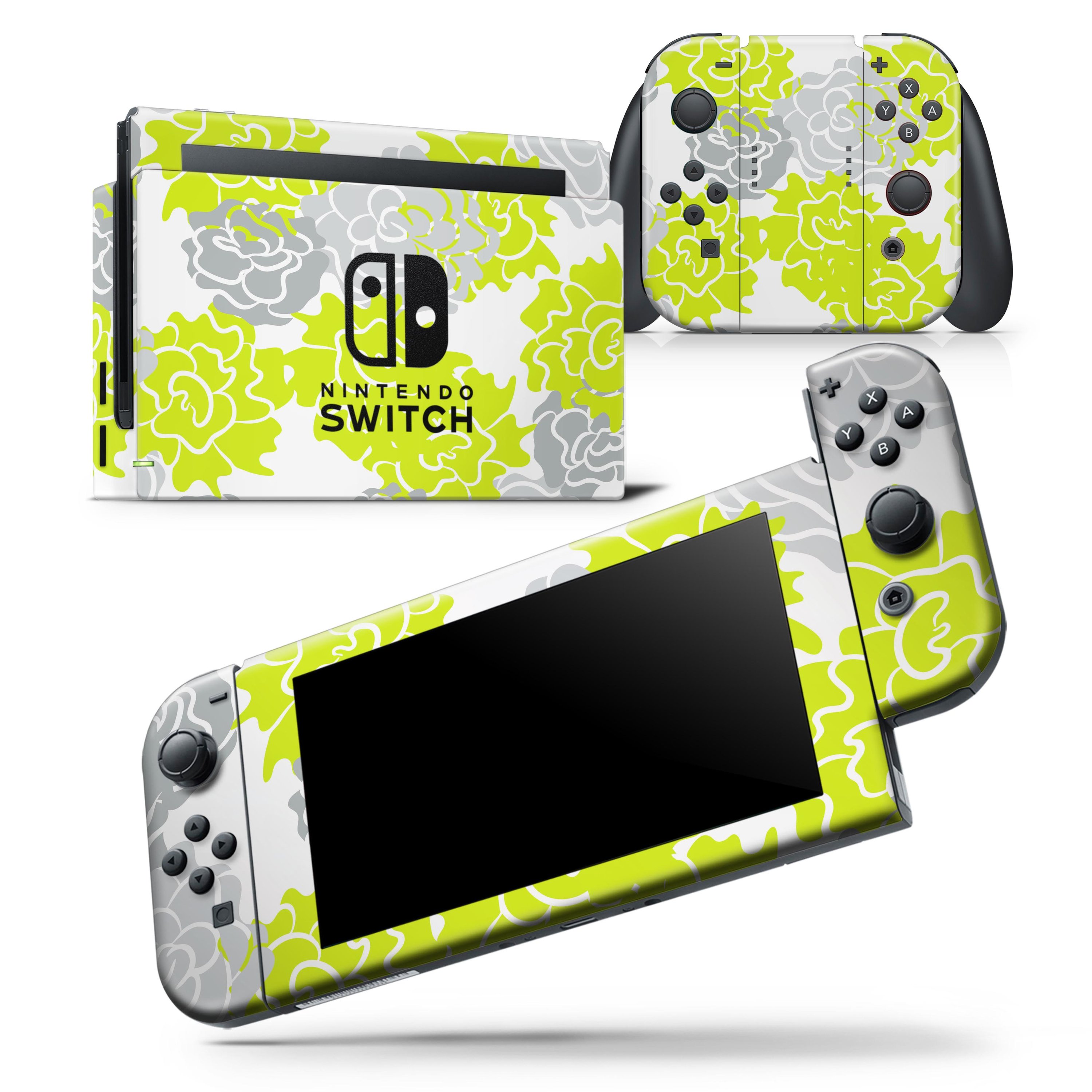 Gray and Lime Green Cartoon Roses skin wrap decal for Nintendo Switch, showcasing vibrant floral design and premium vinyl material.
