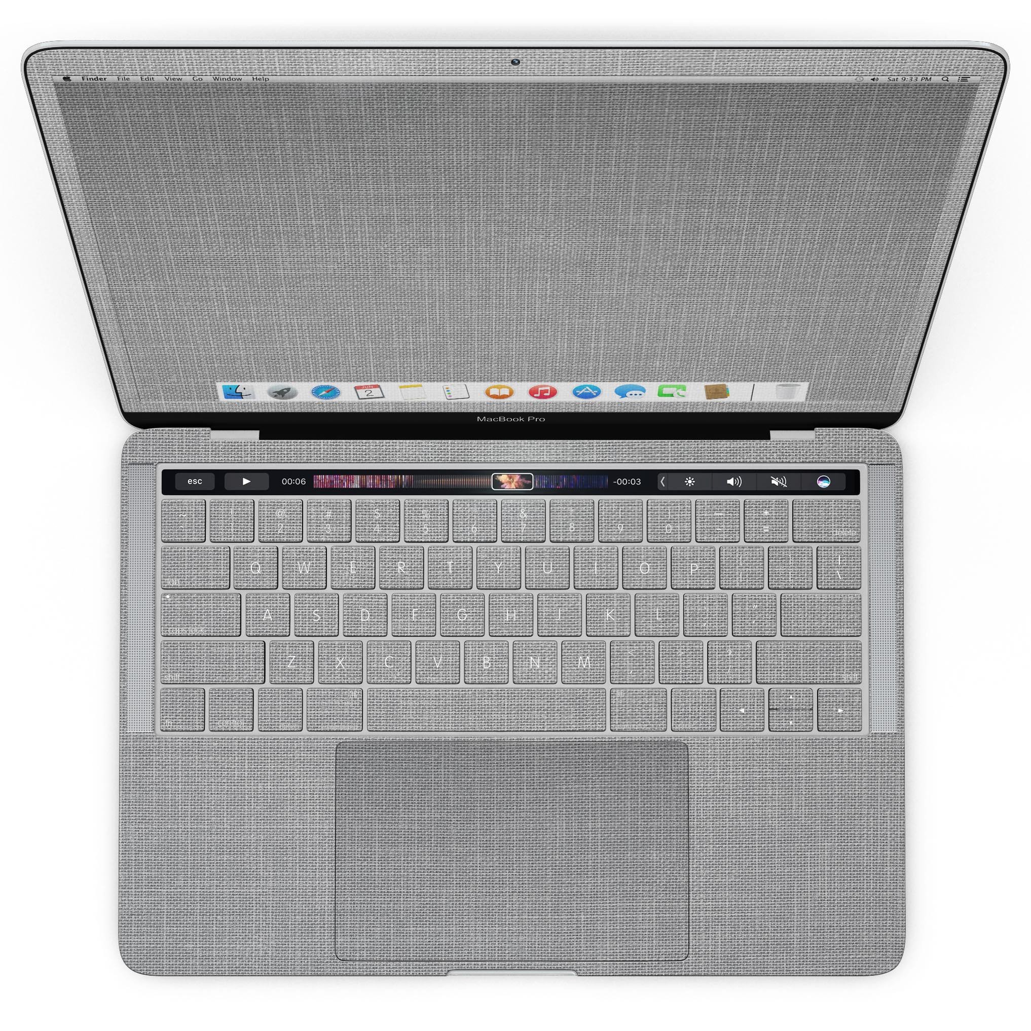 Gray and white scratched fabric skin kit for MacBook Pro with Touch Bar, showcasing a stylish design that protects the device.