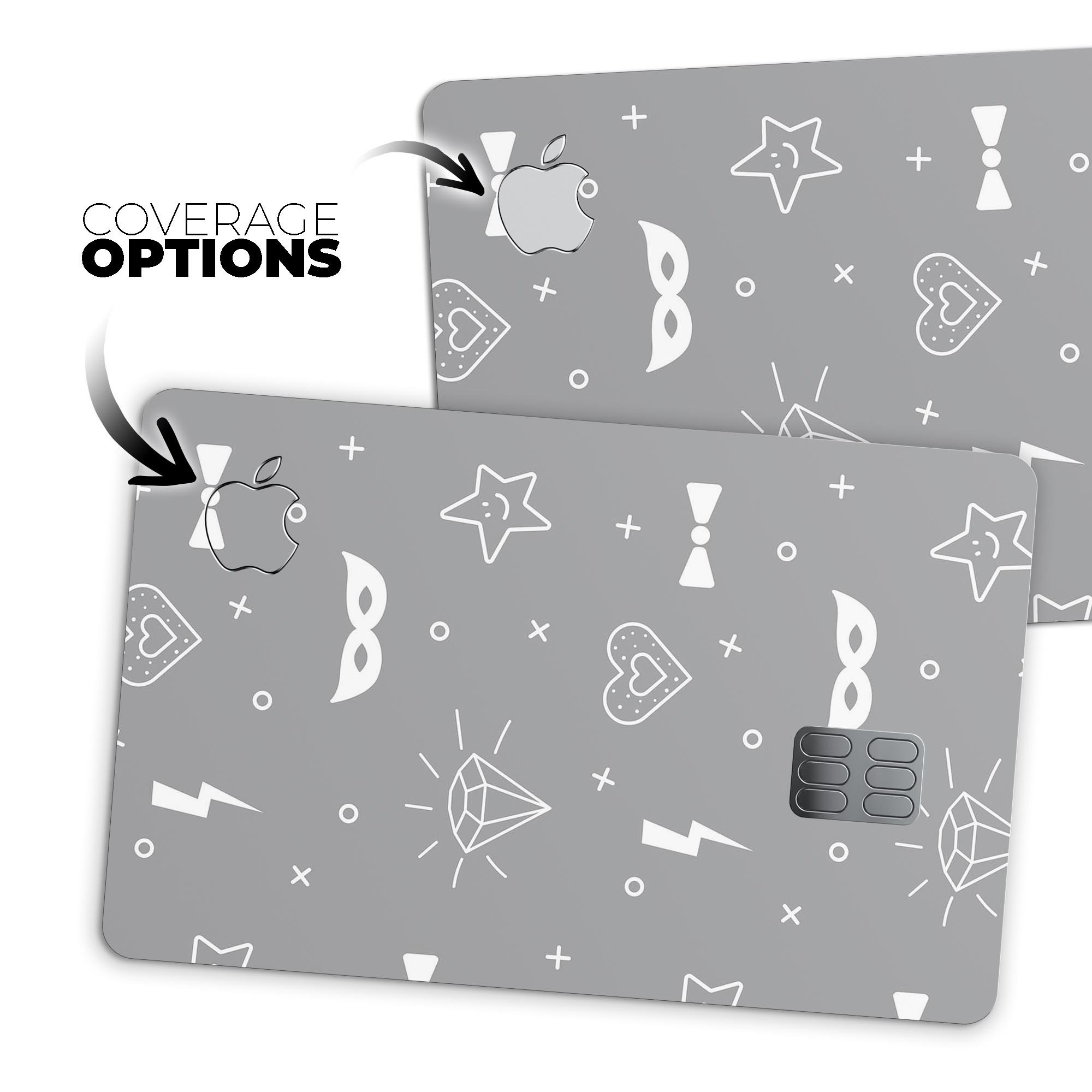 Gray Doodles with Lightning design on a premium protective decal skin for Apple Card, showcasing its stylish and durable features.