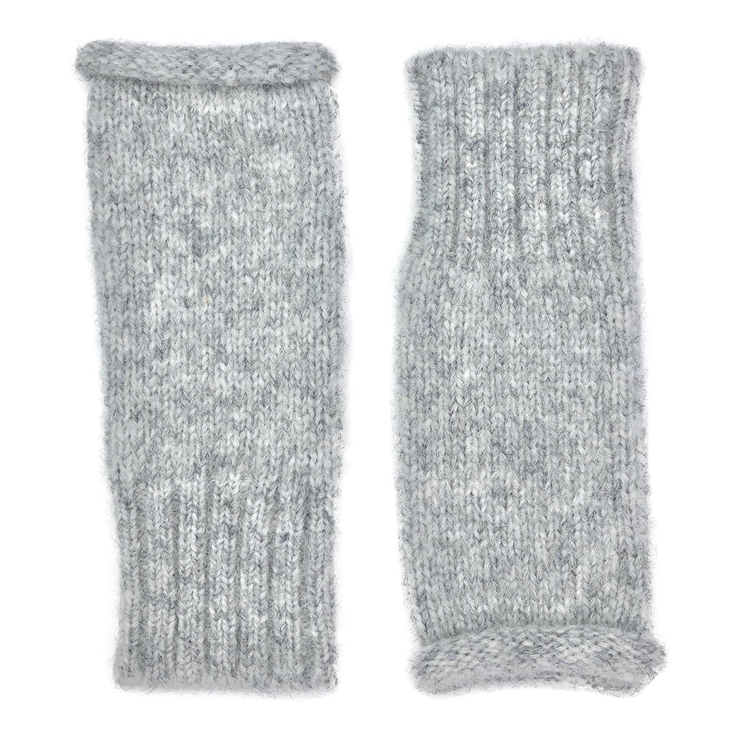 Gray Essential Knit Alpaca Gloves featuring fingerless design and ribbed cuffs, handmade in Peru from luxurious alpaca fiber.