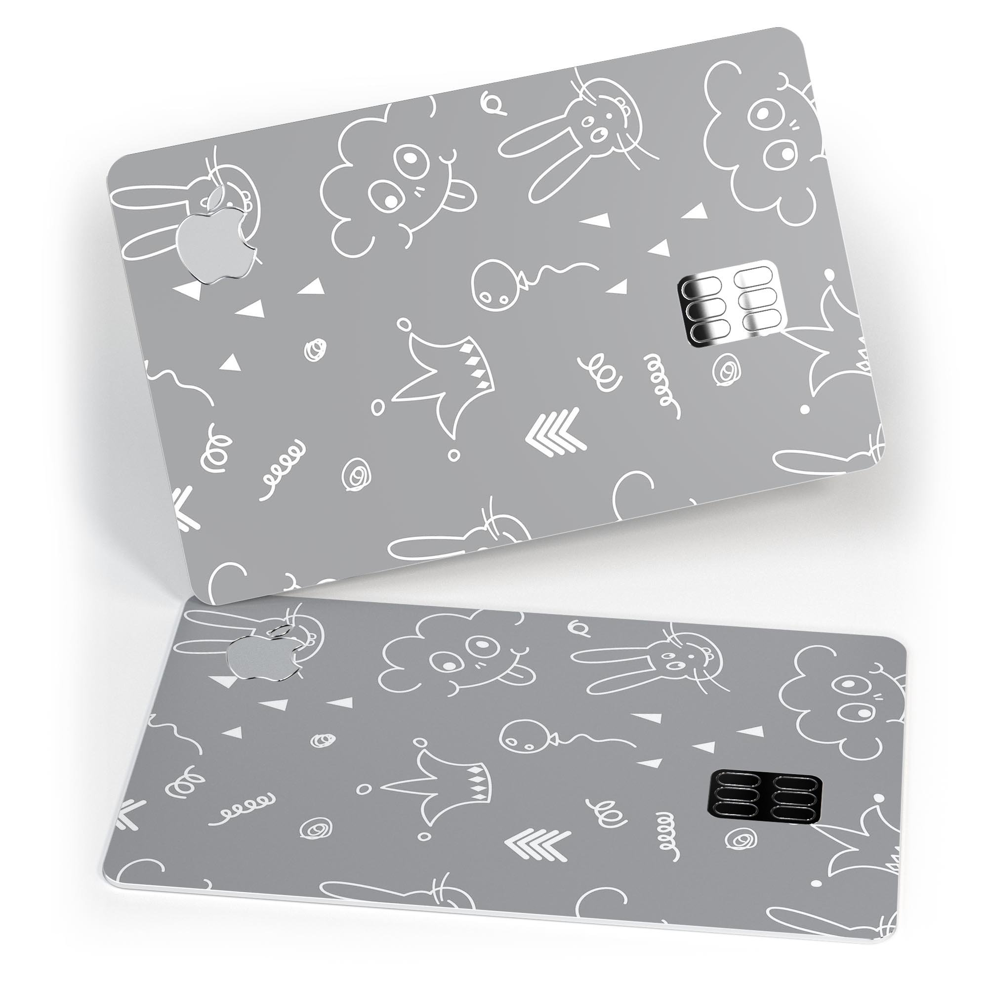 Gray Jester hat design skin for Apple Card featuring colorful balloons, providing stylish protection.