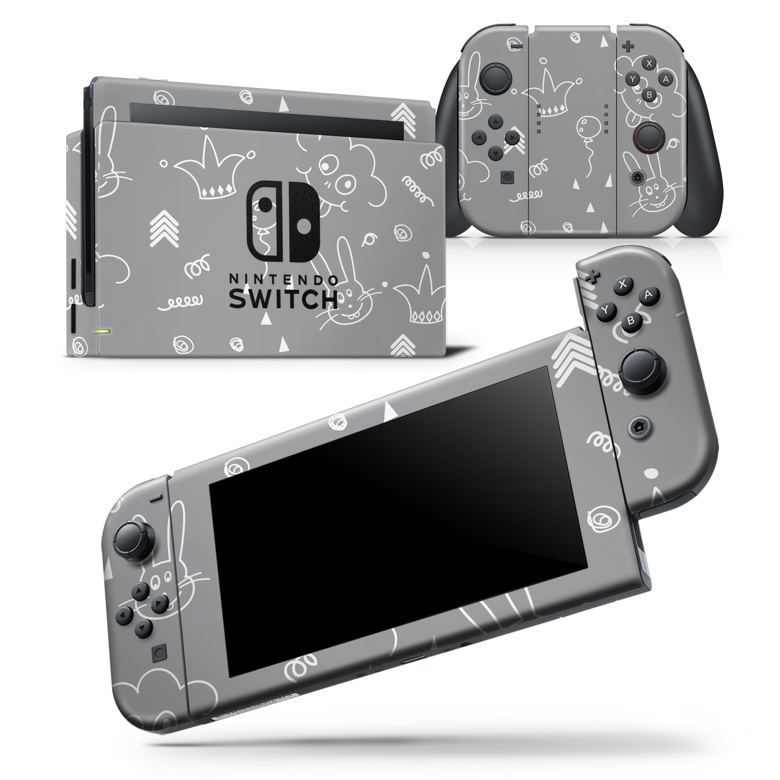Gray Jester hat skin wrap decal for Nintendo Switch, featuring colorful balloons and a unique design for personalized gaming.
