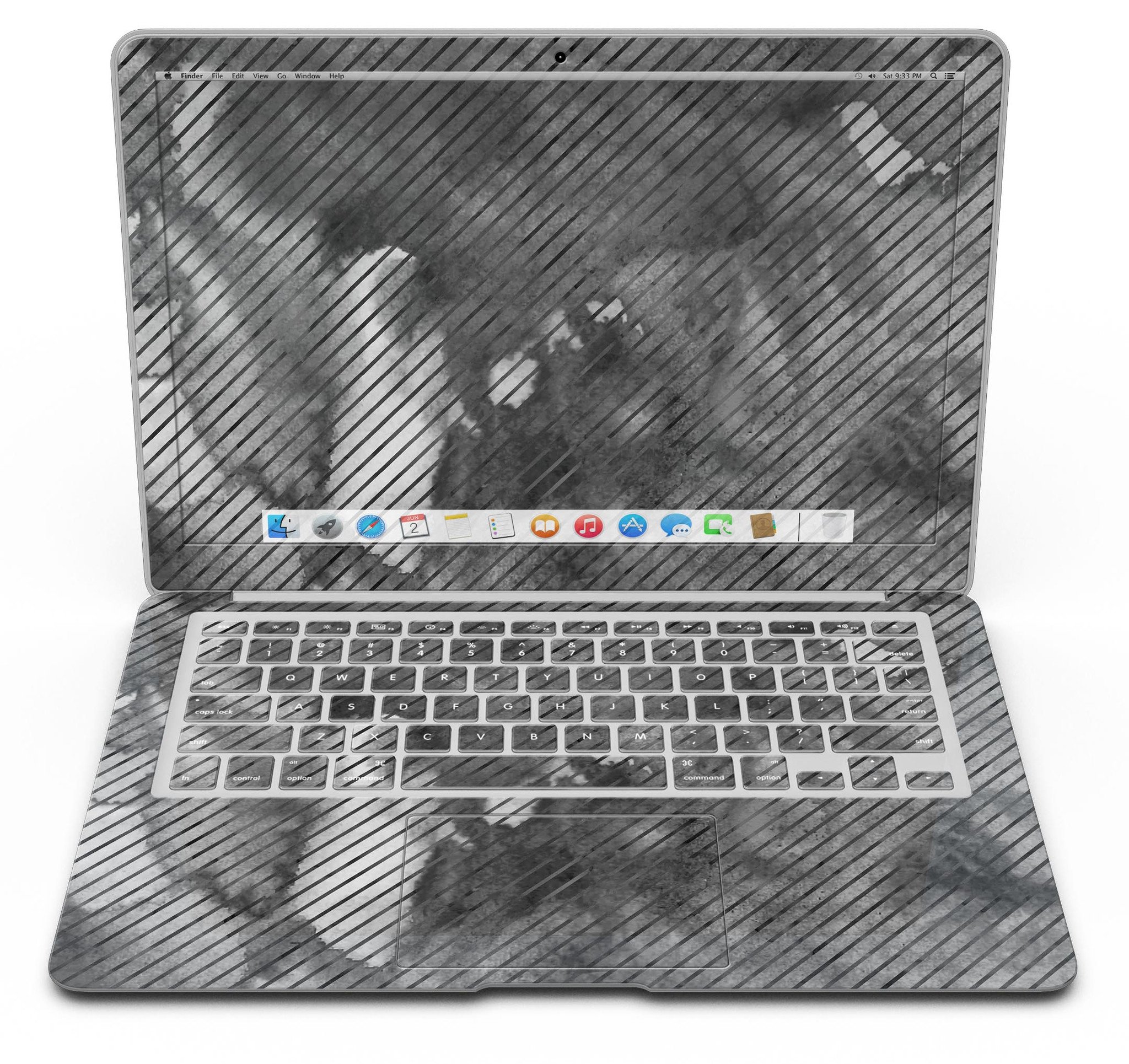Gray Watercolor Stripes skin kit for MacBook Air, showcasing a stylish design that protects against scratches.