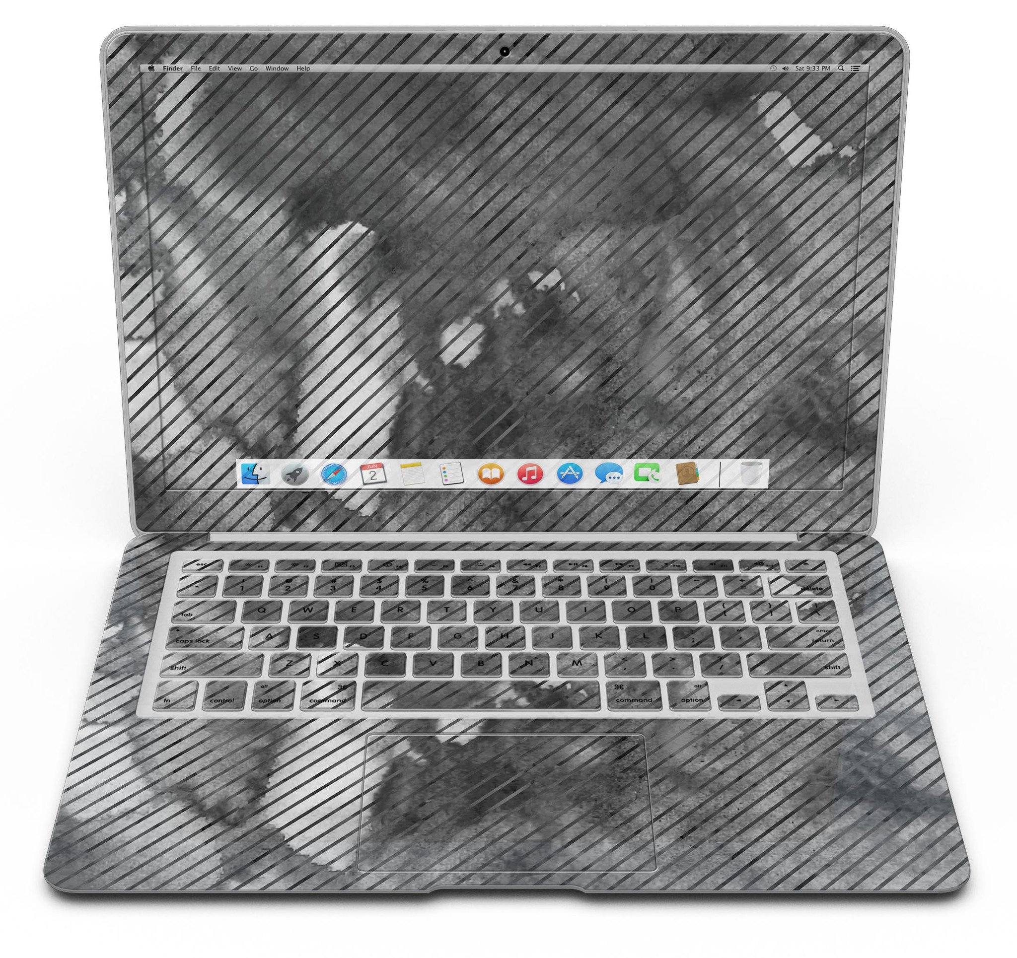 Gray Watercolor Stripes skin kit for MacBook Air, showcasing a stylish design that protects against scratches.