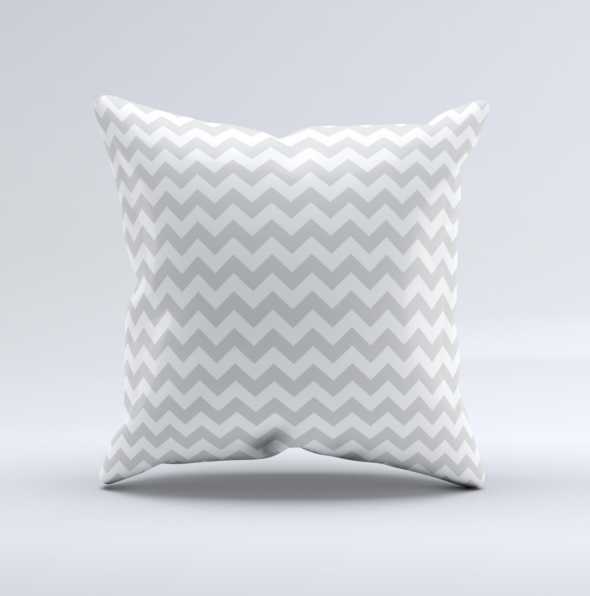 Gray and white chevron pattern decorative throw pillow, handcrafted in Virginia with high thread count fabric and polyester filling.