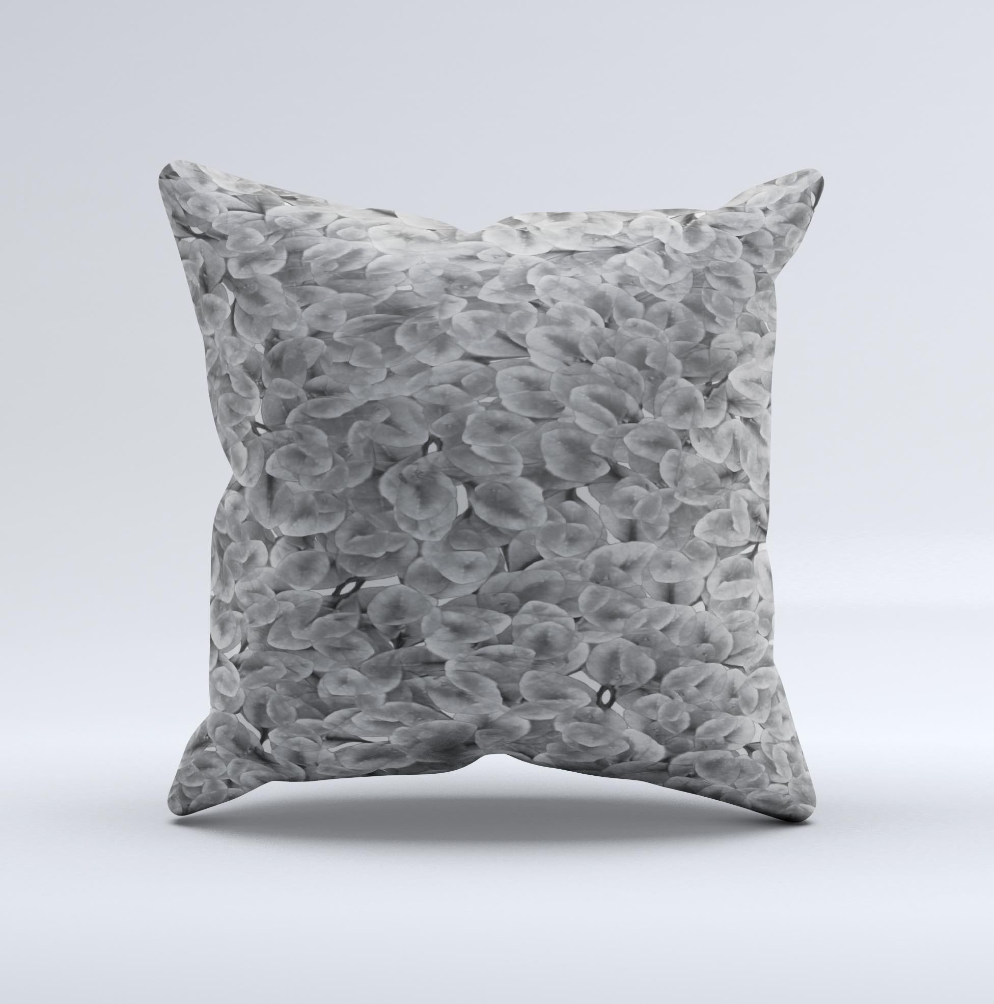 Grayscale Flower Petals ink-Fuzed Decorative Throw Pillow showcasing a unique floral design on a soft fabric.