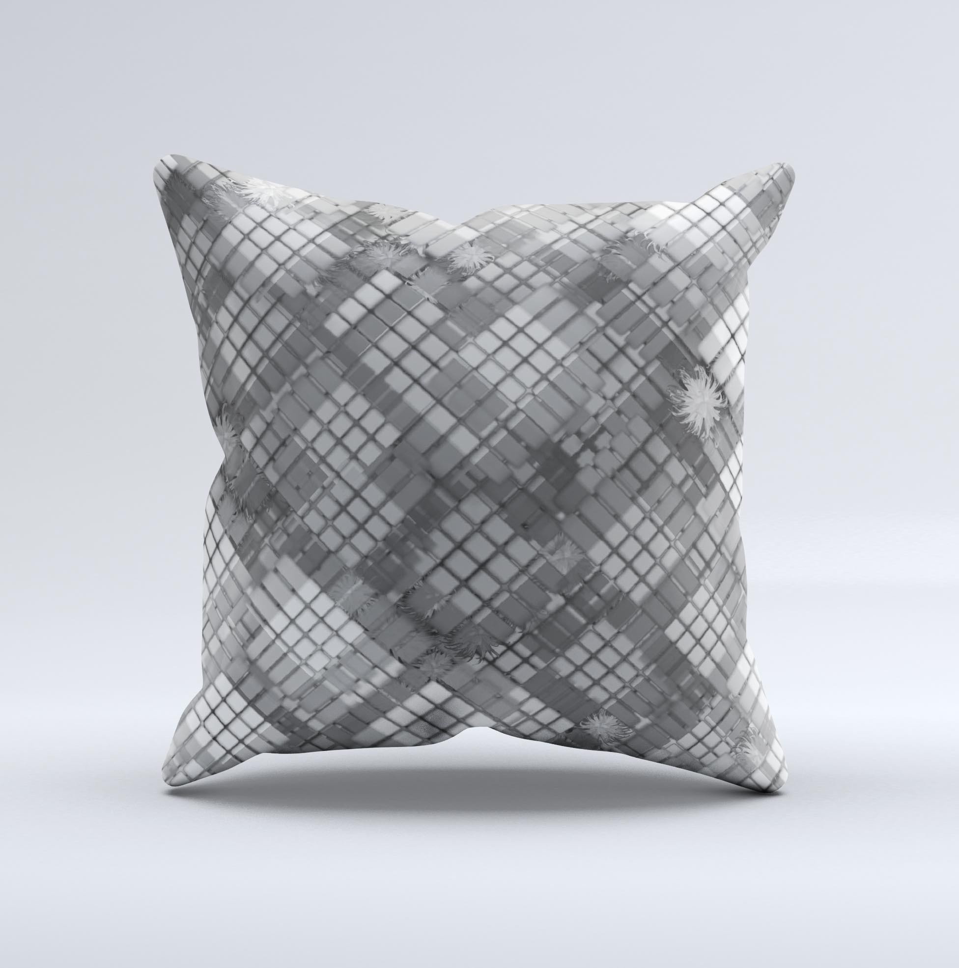 Grayscale Layer Checkered Pattern decorative throw pillow, handcrafted with high thread count fabric and unique design.
