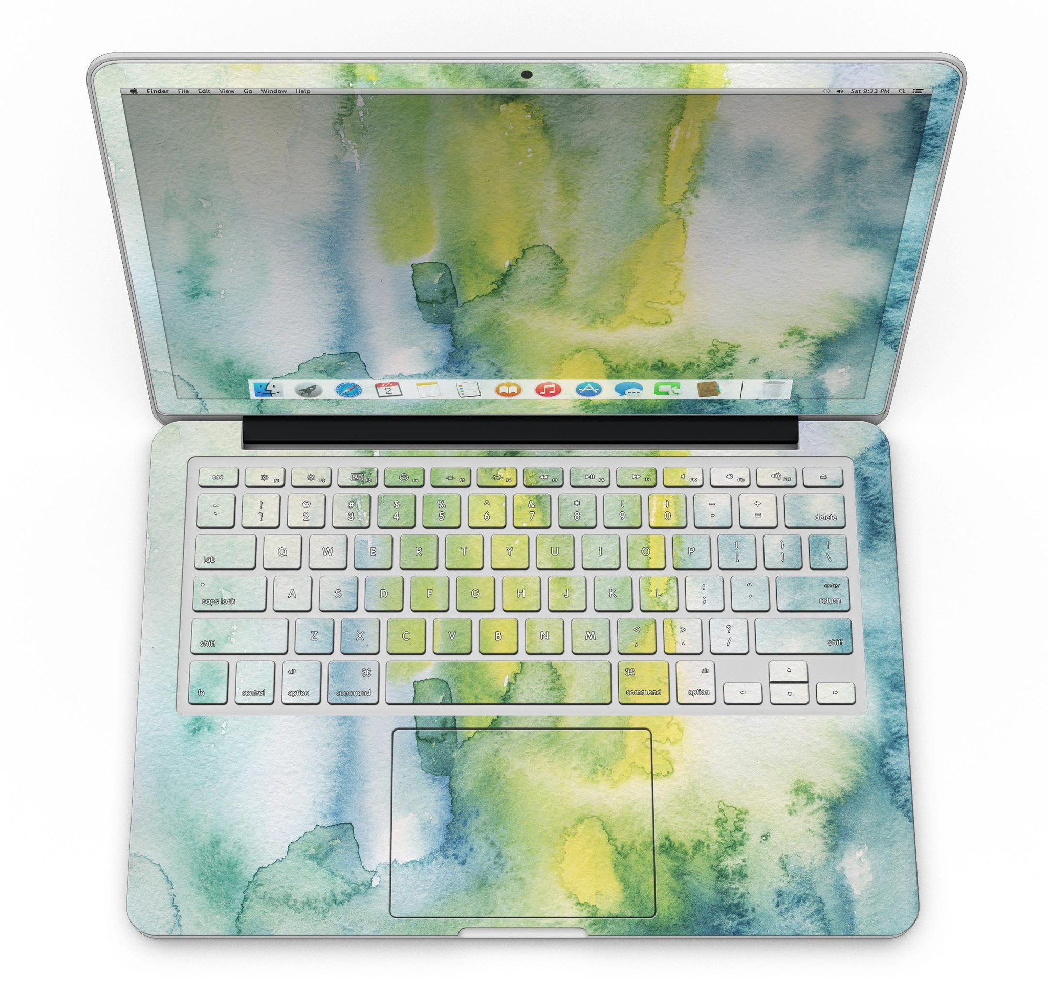 Green 211 Absorbed Watercolor Texture skin for MacBook Pro with Retina Display, showcasing vibrant colors and a stylish design.