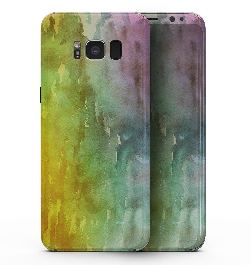 Samsung Galaxy S8 with Green 592 Absorbed Watercolor Texture skin, showcasing vibrant colors and artistic design.
