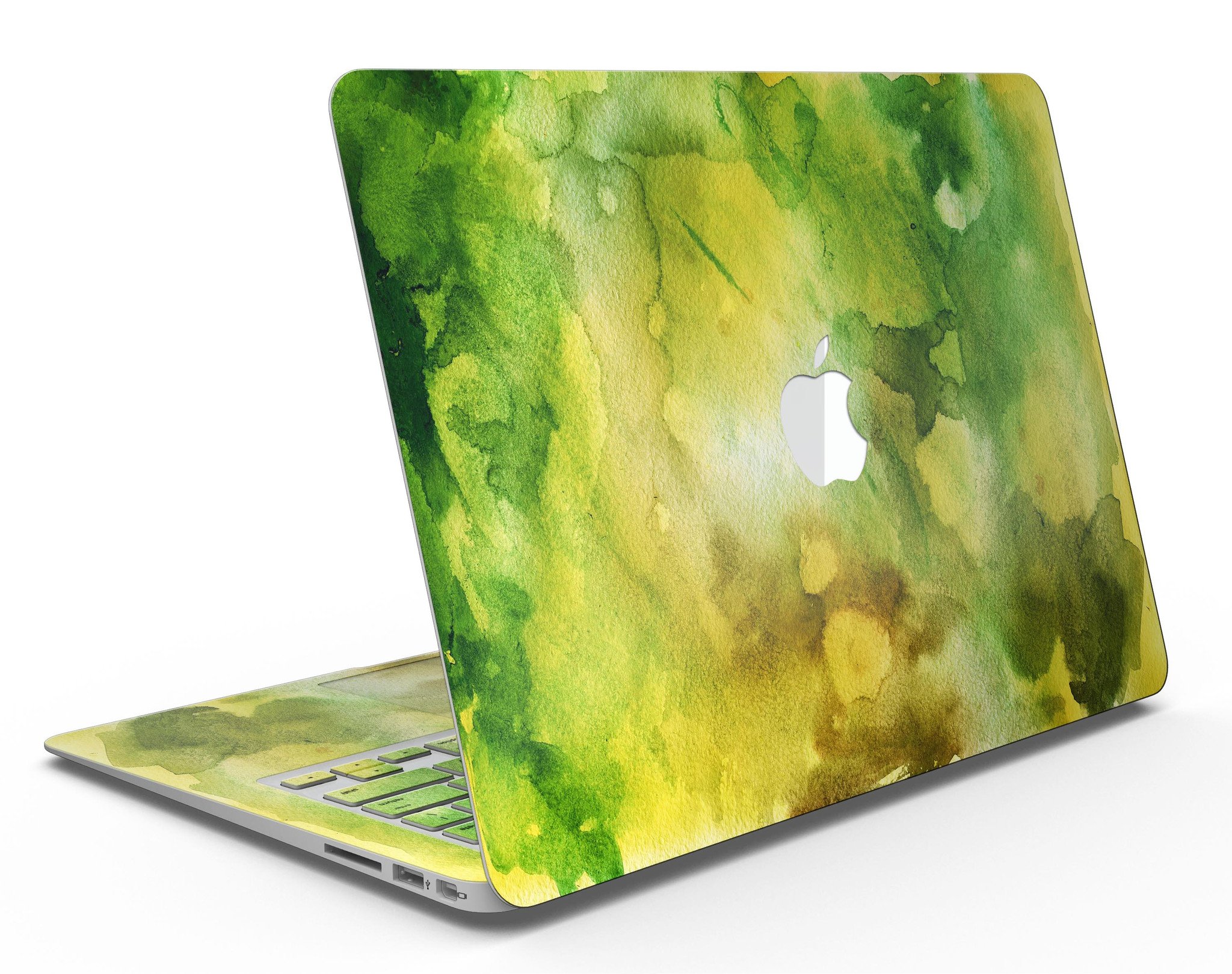 Green 863 Absorbed Watercolor Texture skin applied to a MacBook Air, showcasing vibrant colors and smooth finish.
