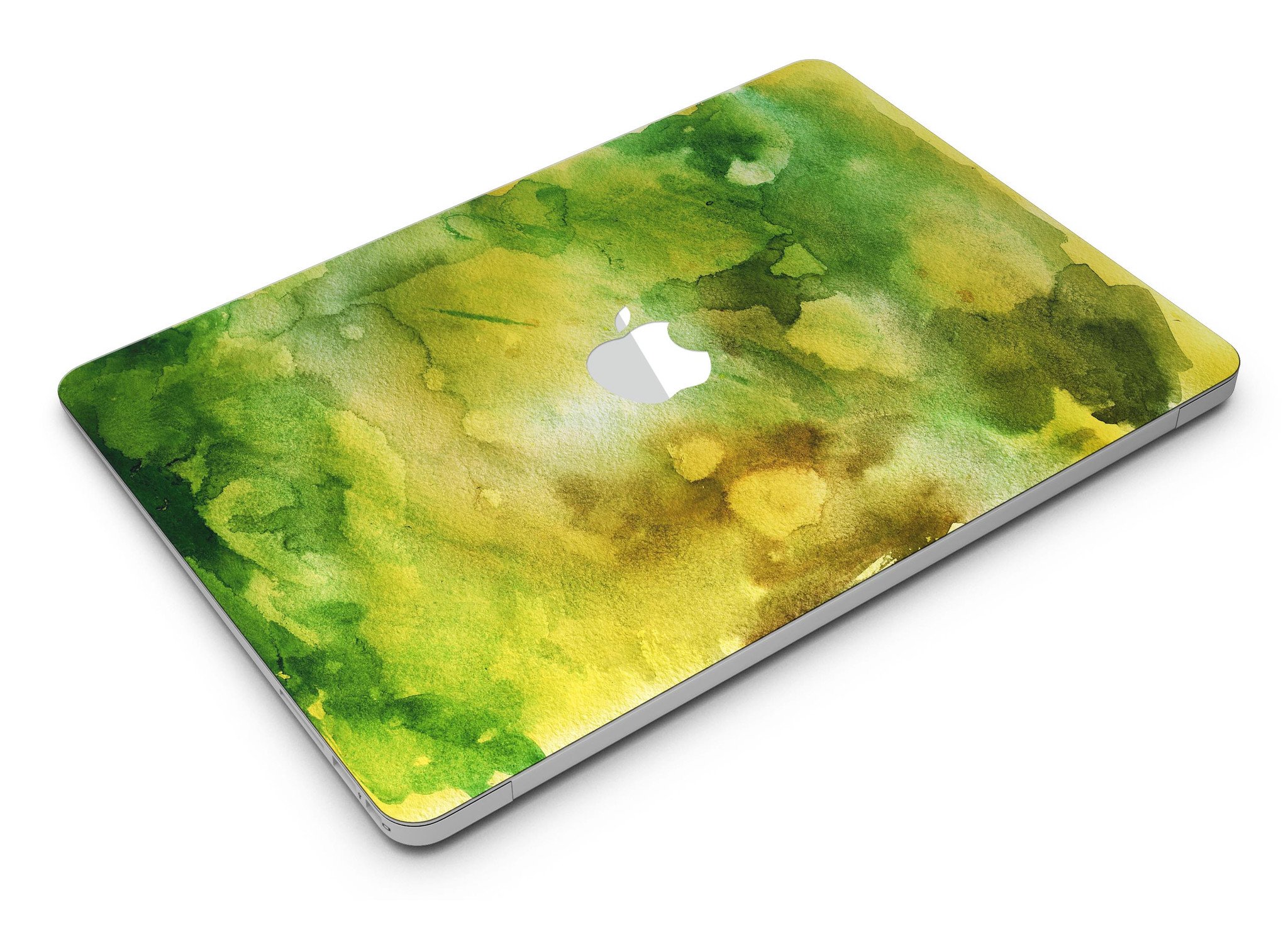 Green 863 Absorbed Watercolor Texture skin applied to a MacBook Air, showcasing vibrant colors and smooth finish.